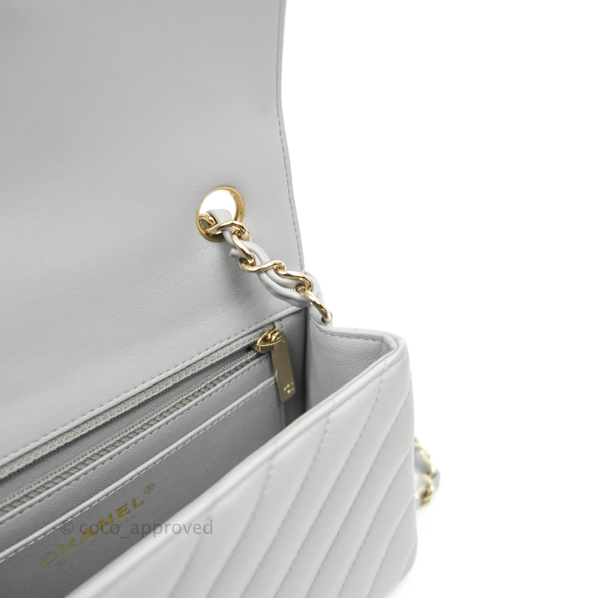 Chanel Chevron Mini Rectangular Flap Bag in Grey Lambskin Leather with Gold Hardware - 20S Collection | Luxury Crossbody Purse for Women, Perfect for Parties & Evening Events