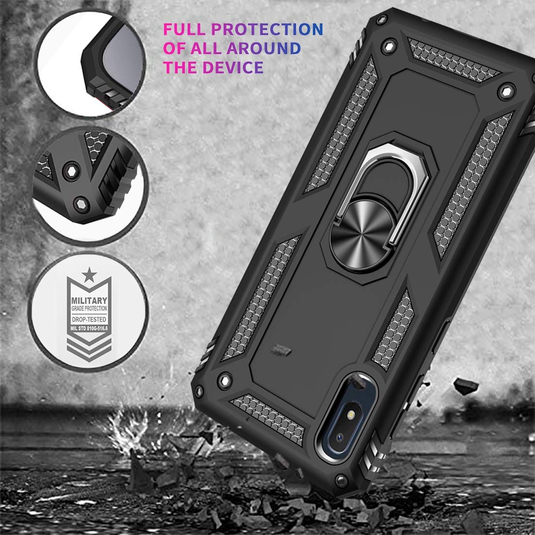 Military Grade Protective Phone Case for Samsung Galaxy A10E with Magnetic Car Mount & Kickstand - Shockproof Defender Cover (Black) | Perfect for Driving, Work & Outdoor Activities