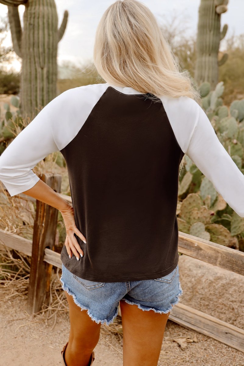 Vintage Brown Western Yeehaw Graphic Raglan Long Sleeve T-Shirt - Cowboy Style Casual Tee for Women & Men - Perfect for Rodeo, Country Music Festivals and Western Theme Parties