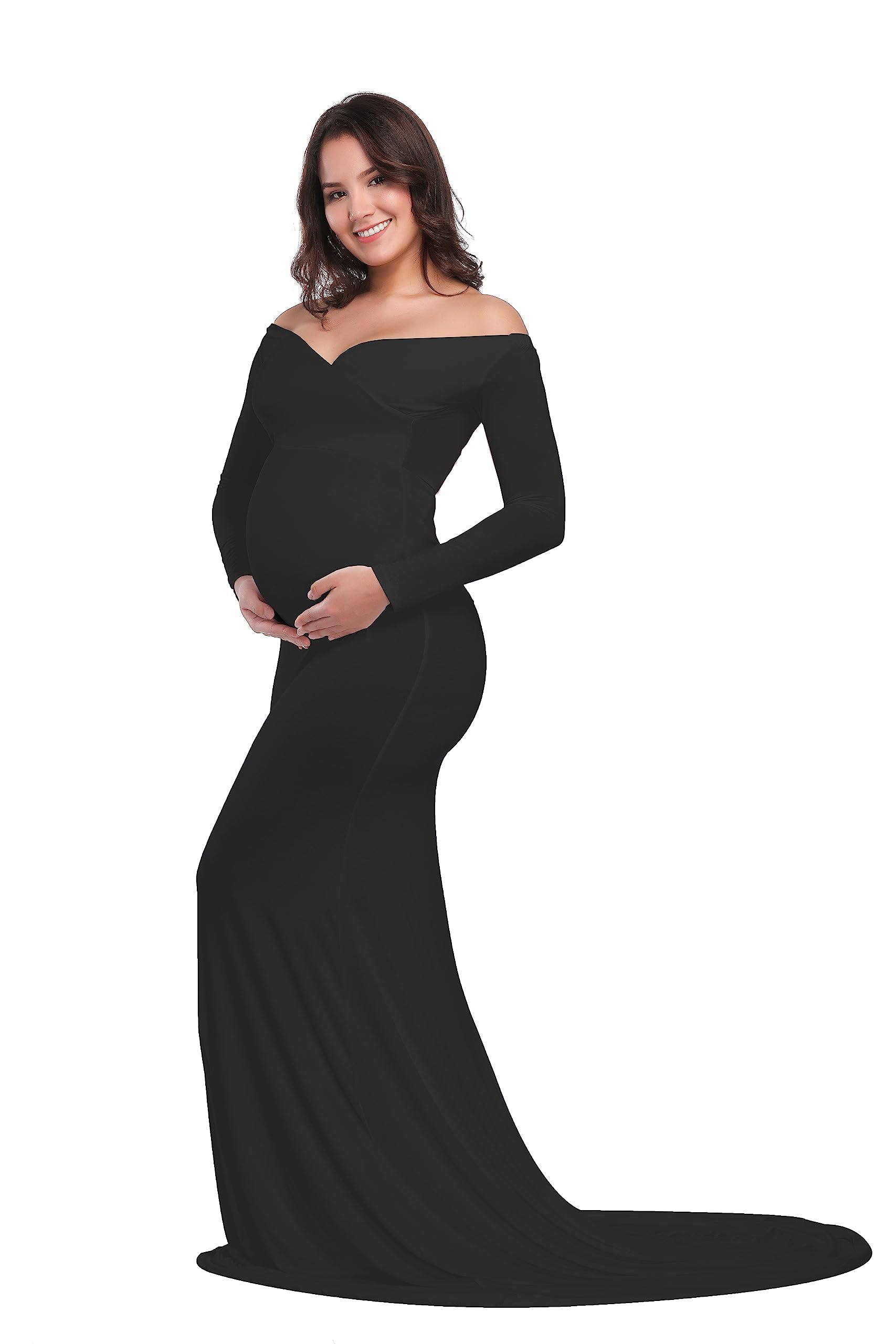 VSNOW Elegant Long Sleeve Maternity Maxi Dress - Slim Fit Pregnancy Photoshoot Gown for Baby Shower, Maternity Photos & Special Occasions