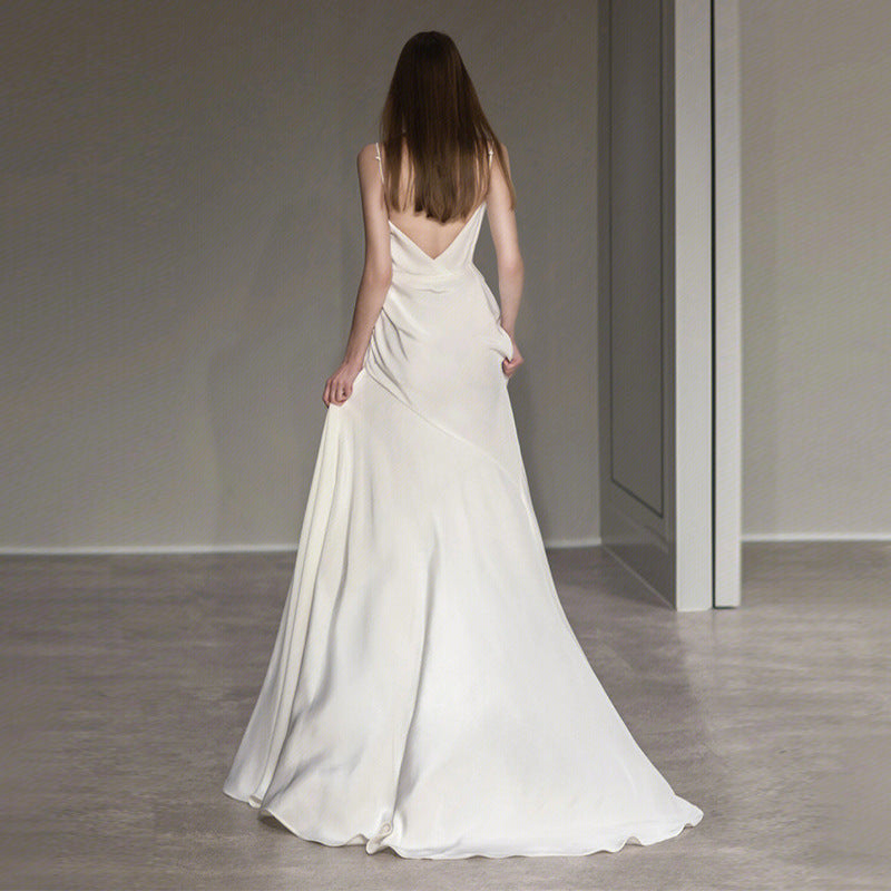 Elegant White Satin French Spaghetti Strap Long Prom Dress with V Back - Perfect for Weddings, Formal Events & Evening Galas