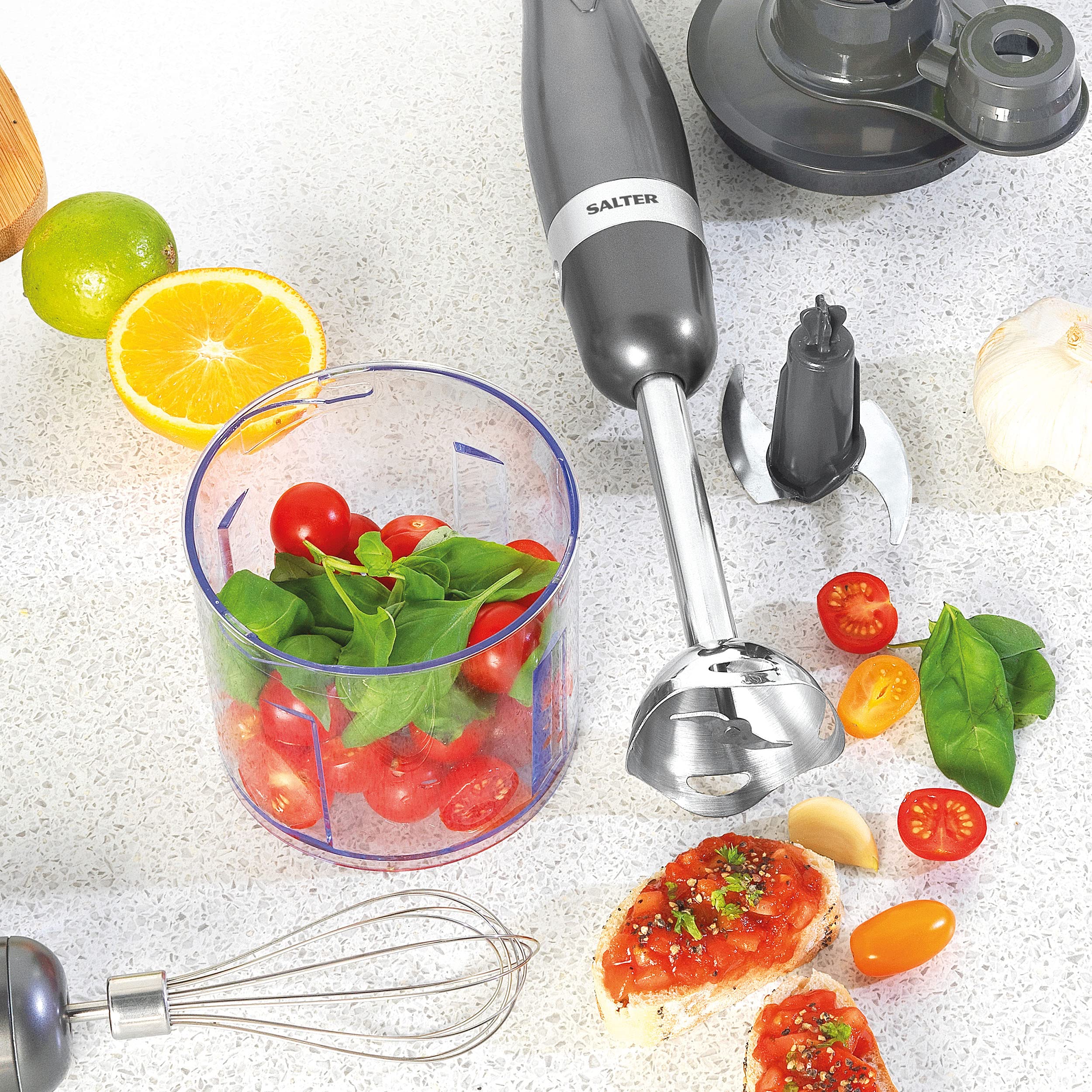 Salter Cosmos 3-in-1 Hand Blender - 350W Immersion Blender with Whisk, Chopper & Food Processor Attachments, 500ml Stainless Steel Bowl, 2 Speed Settings for Smoothies, Soups & Meal Prep - EK2827GUNMETAL