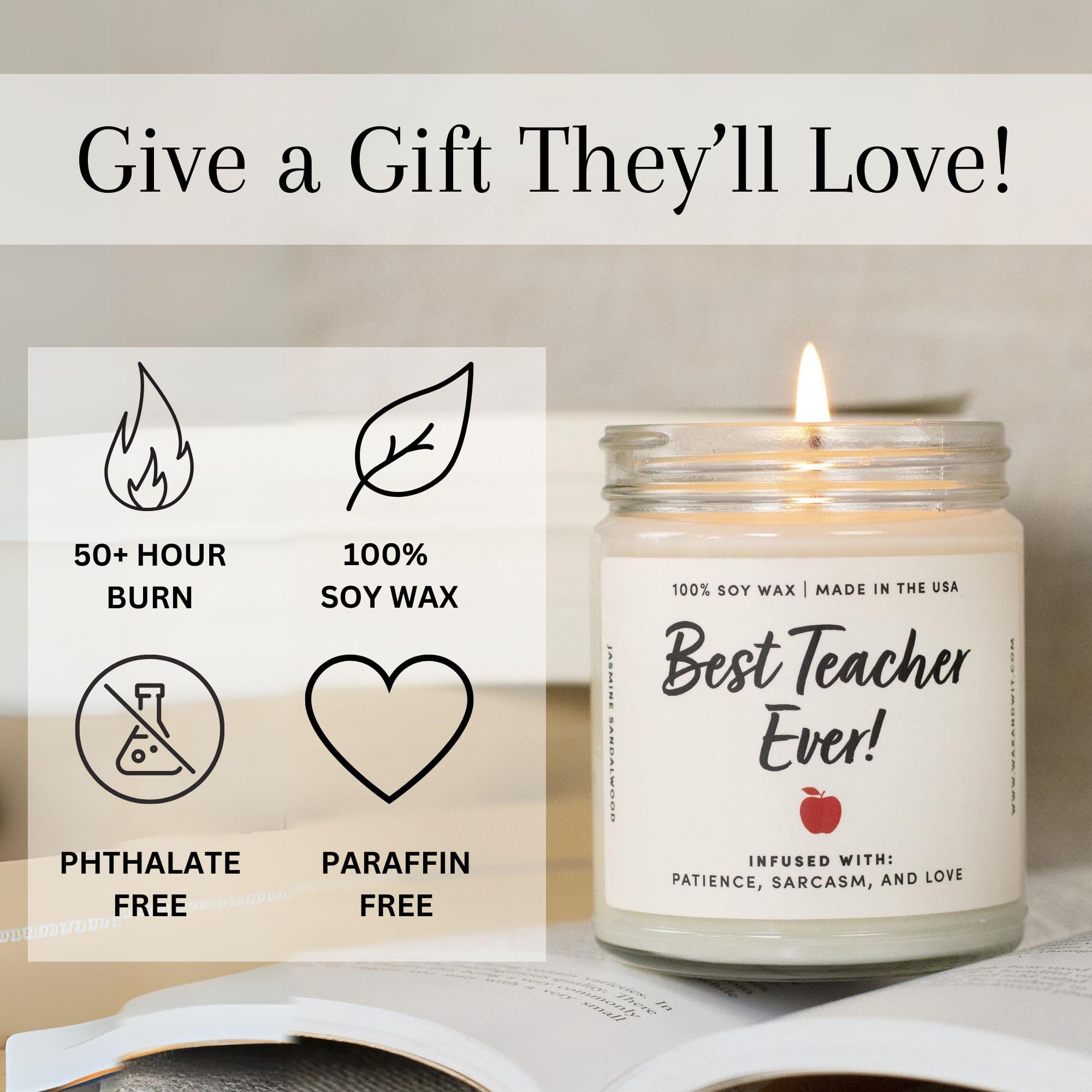 Premium Jasmine Sandalwood Soy Wax Candle - 9oz, 50-Hour Burn Time, Teacher Appreciation Gift for Women - Infused with Patience, Sarcasm & Love | Perfect for Classrooms, Teacher's Lounge, Relaxation & Aromatherapy