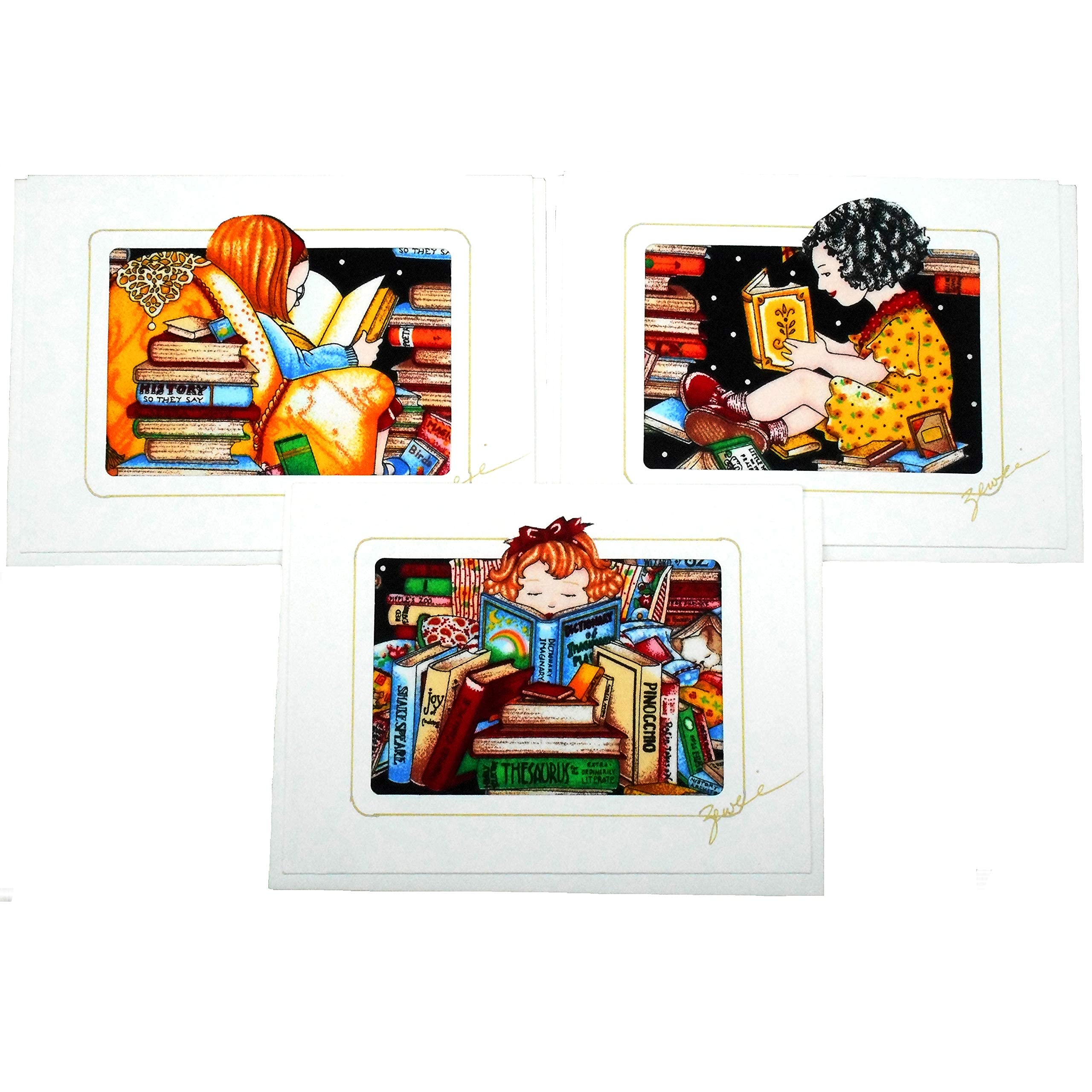 Set of 3 Handmade Fabric Collage Greeting Cards - Book Lover Gift for Readers, Bookworms & Writers - Perfect for Birthdays, Thank You Notes & Book Club Events