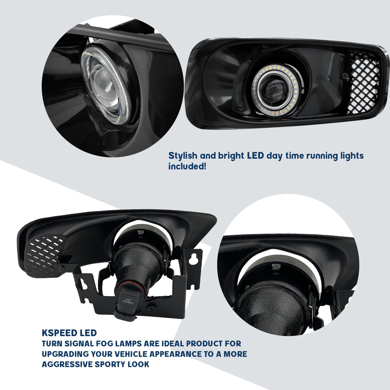 1999-2000 Honda Civic LED Halo Projector Fog Lights - Clear Lens DRL Daytime Running Lights for Driver & Passenger Side | Weatherproof Driving Lights for Night Visibility & Off-Road Use