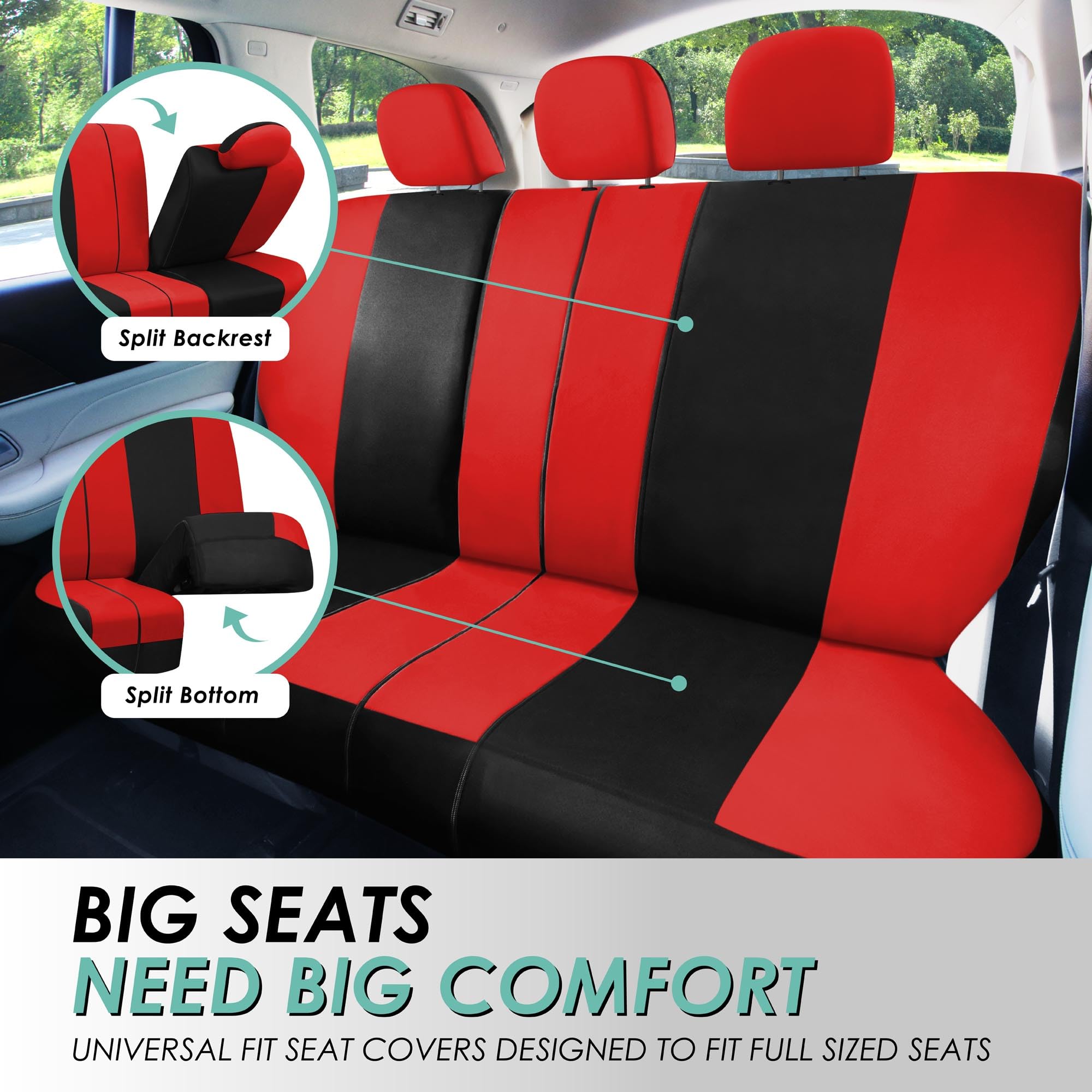 FH Group Light & Breezy Cloth Full Set Car Seat Covers Combo - Universal Fit for Cars, Trucks & SUVs (Steering Wheel Cover, Seat Belt Pads, Black Vinyl Floor Mats) - Red/Black - Perfect for Road Trips & Daily Commute
