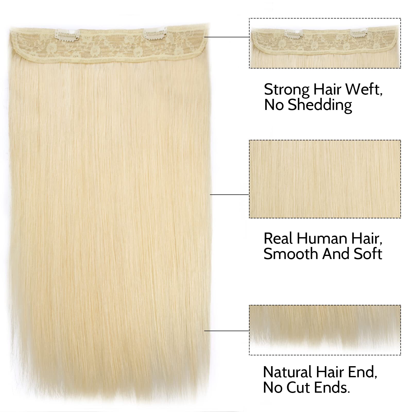 Tinashe 16Inch Bleach Blonde Straight Human Hair Extensions - 90g Invisible Wire Fish Line Clip-Ins | 100% Remy Human Hair for Women | Perfect for Parties, Weddings & Daily Styling