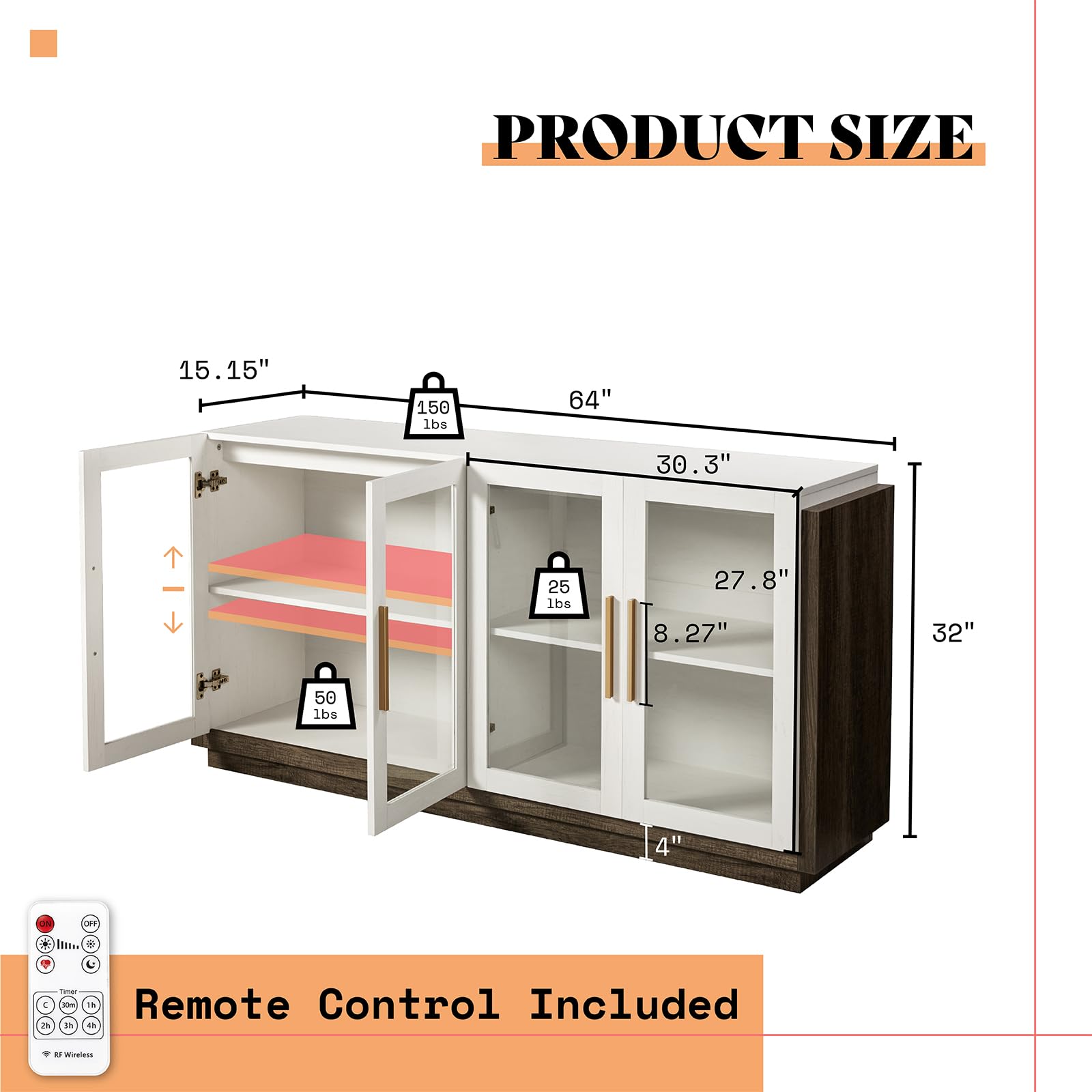 AMERLIFE Modern Sideboard Buffet Cabinet with LED Lights - White & Grey Accent Storage Cabinet with Glass Doors & Adjustable Shelves for Dining Room & Living Room | Perfect for Displaying China, Storing Linens, or as a Stylish TV Stand