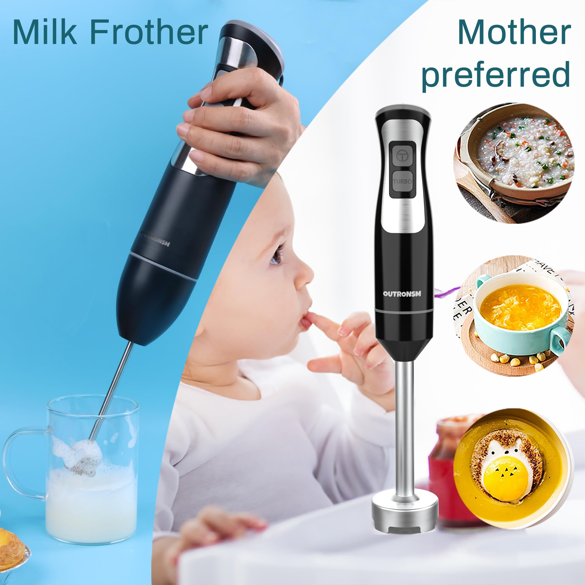 OUTRONSM 4-Speed Immersion Hand Blender with Stainless Steel Blades - Includes Milk Frother & Egg Whisk for Smoothies, Baby Food, Soups & Coffee - Perfect for Kitchen, Baby Care & Coffee Making (Black)