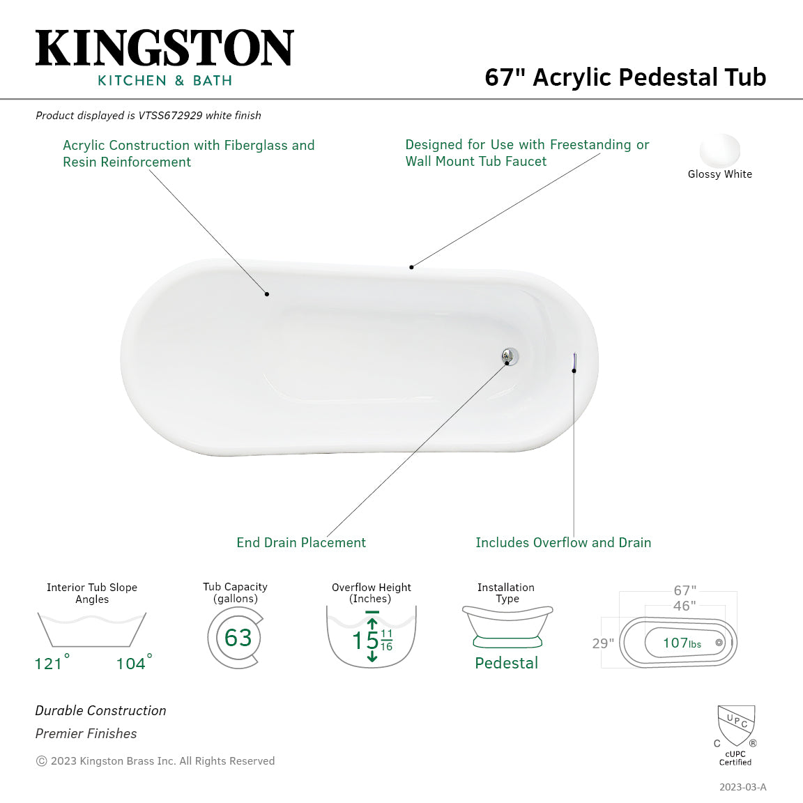 Aqua Eden VTSS672929 67-Inch Glossy White Acrylic Oval Single Slipper Pedestal Bathtub with Drain (No Faucet Holes) - Perfect for Luxury Bathrooms & Spa Retreats