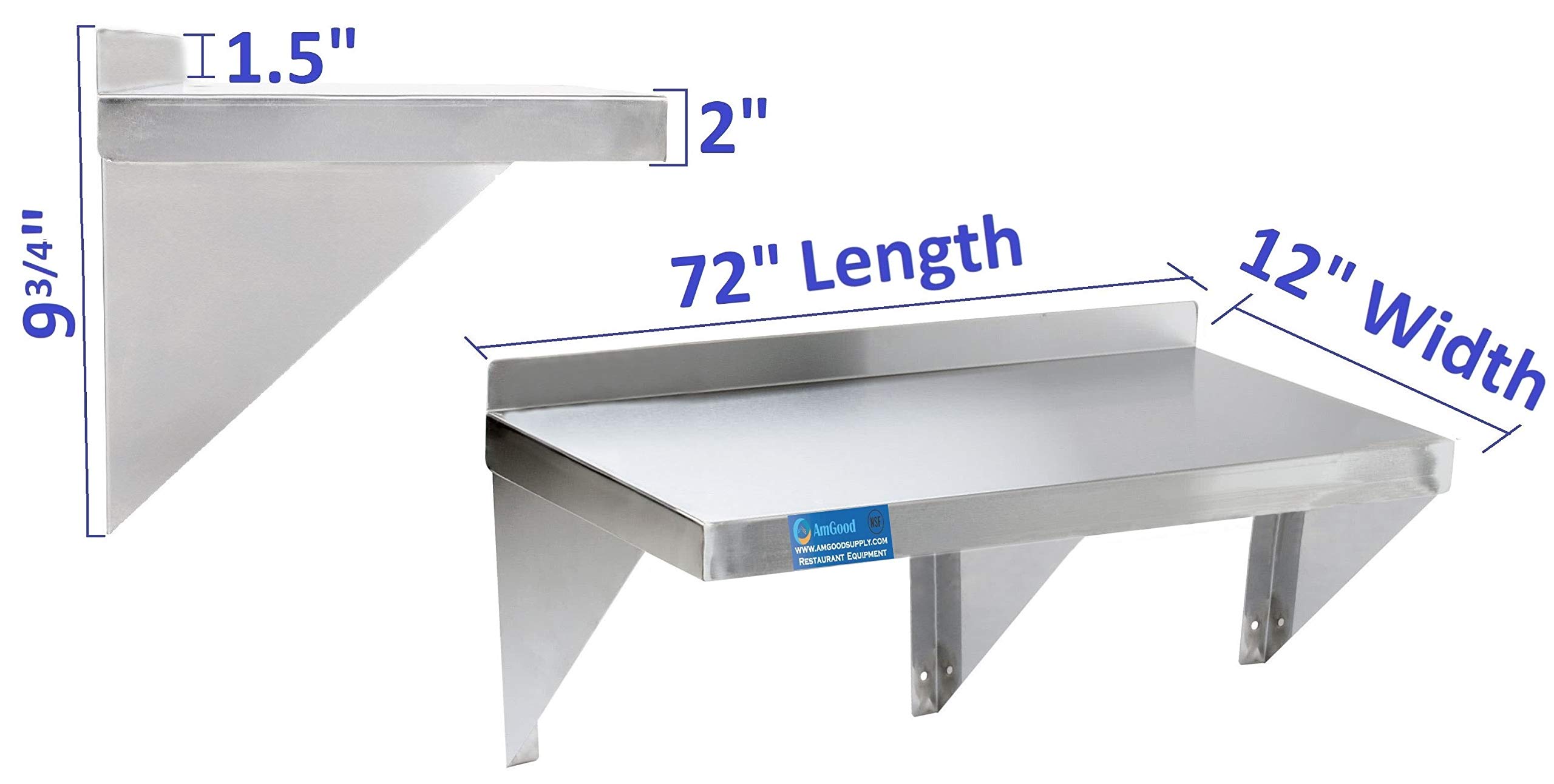 AmGood 12x72 Inch Stainless Steel Wall Shelf - Heavy Duty Commercial Grade Metal Shelving with Square Edge | NSF Certified | Perfect for Kitchen, Garage & Retail Storage