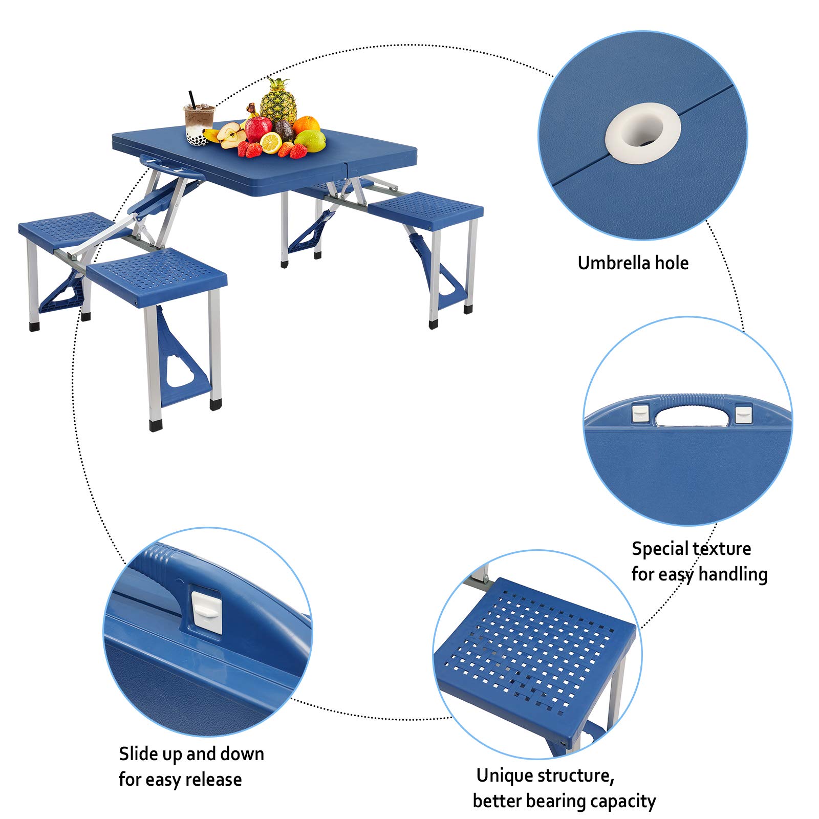 Portable Folding Picnic Table with 4 Seats - Lightweight Camping Table for Outdoor Travel, Beach, Backyard & Patio - Includes Umbrella Hole & Carry Handle (Blue) - Perfect for Camping, Picnics, BBQs & Tailgating