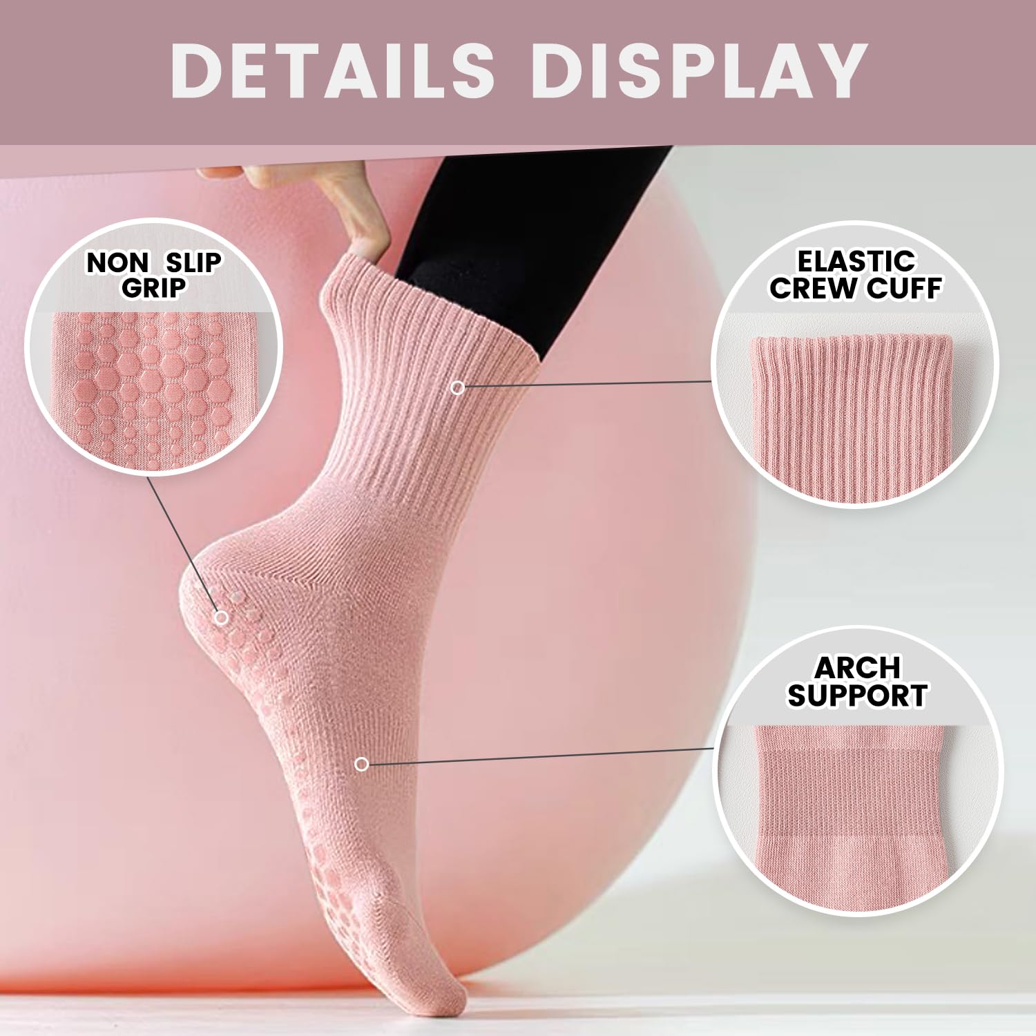 6 Pairs Non-Slip Yoga Socks with Grips for Women - Anti-Skid Pilates, Ballet & Barefoot Workout Socks - Perfect for Pregnancy, Barre & Home Fitness