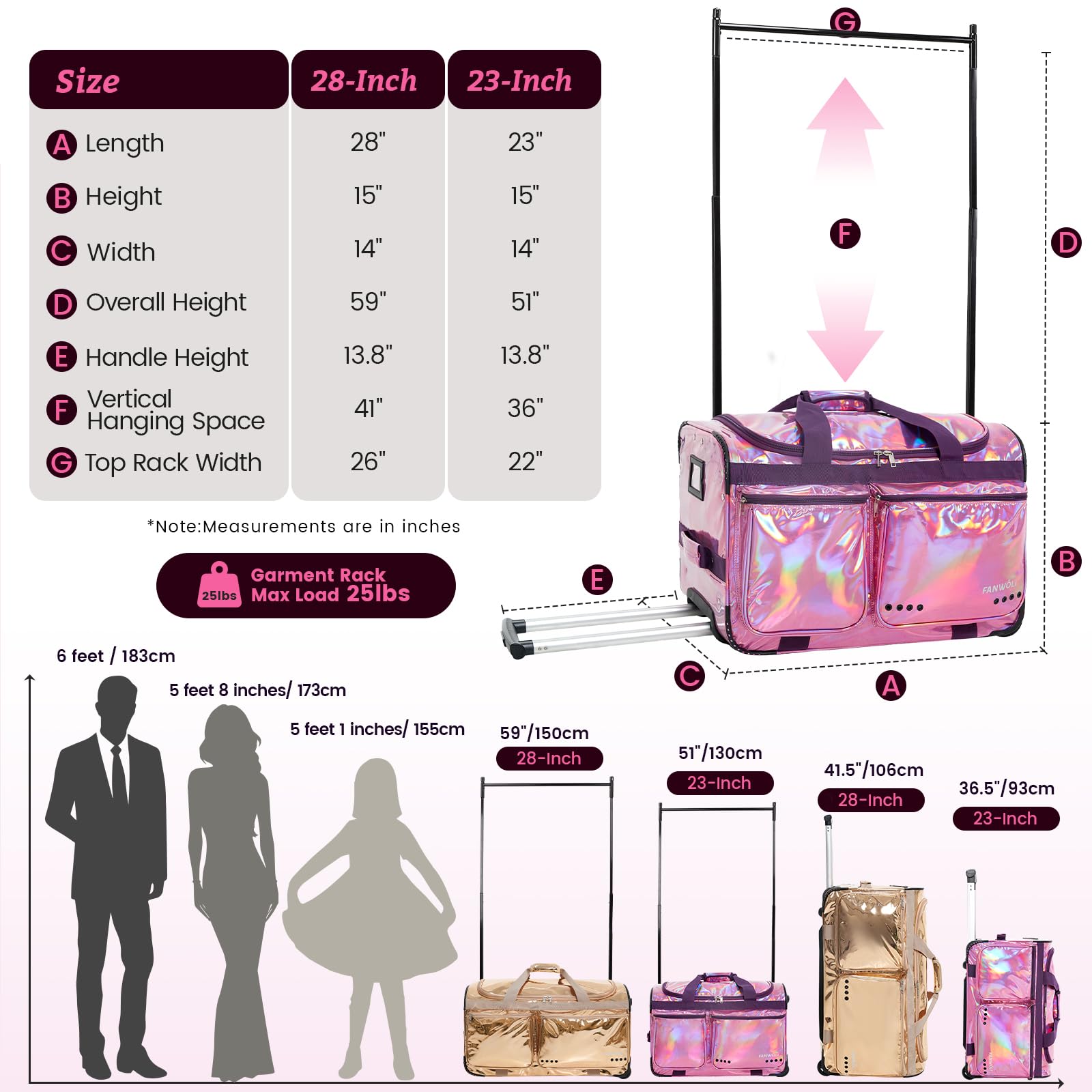 Fanwoli 23-Inch Prism-Glowing Waterproof Dance Duffle Bag with Garment Rack | Iridescent Competition Bag for Dancers, Cheerleaders & Kids | Laser Purple | Perfect for Dance Recitals, Gym Storage & Travel