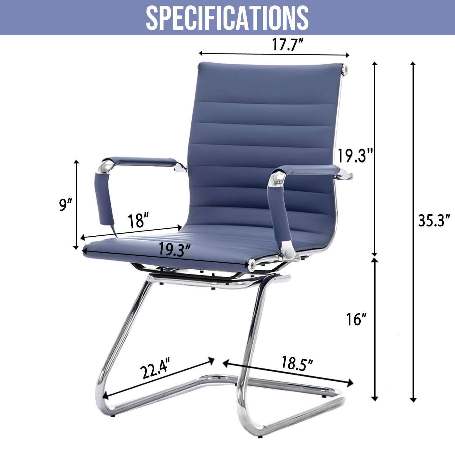 Wahson Office Guest and Reception Chairs - 2 Pack Leather Mid Back Sled Base Chairs Without Wheels for Meeting Room, Lobby, Restroom - Navy Blue | Perfect for Business Offices, Waiting Areas, and Conference Rooms