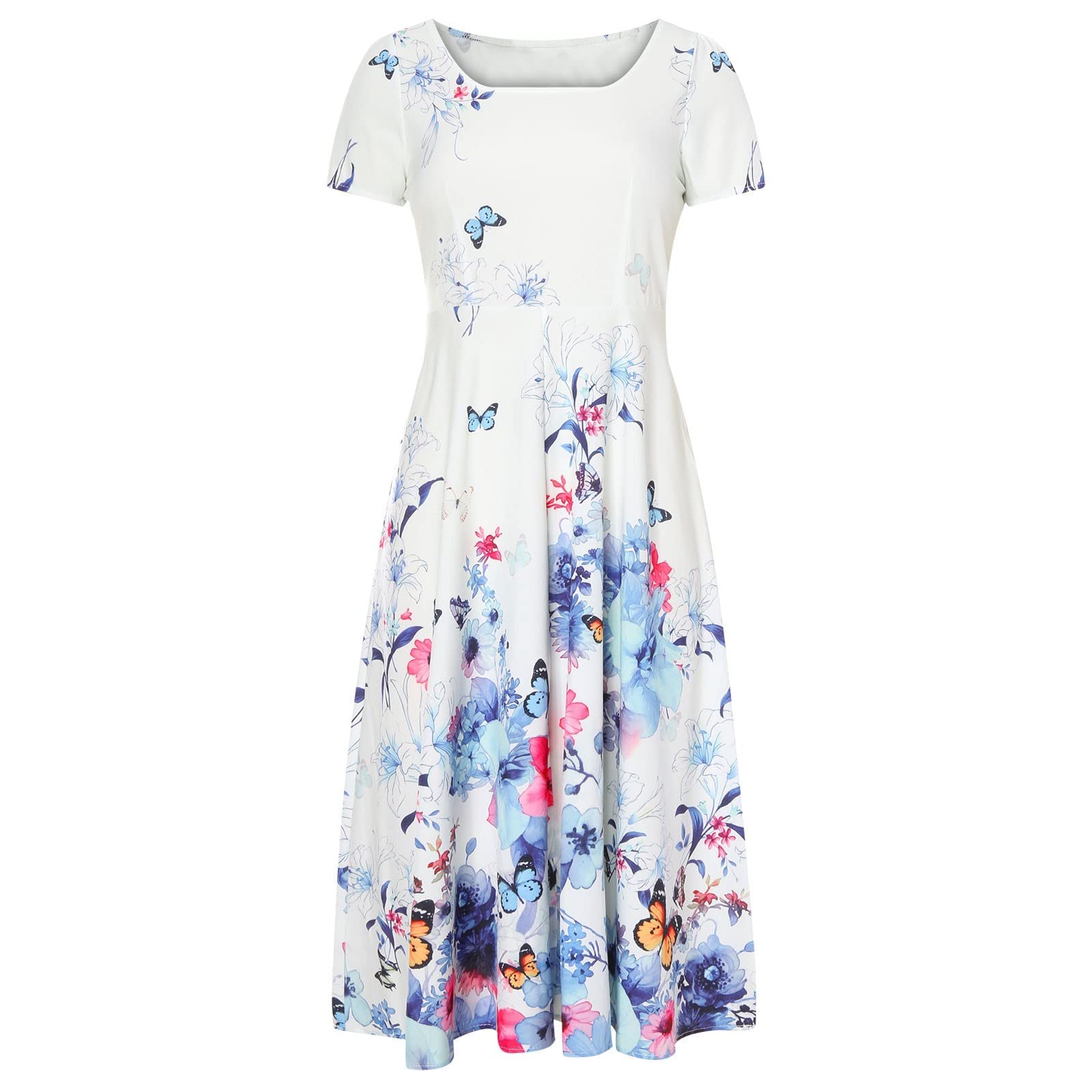 FAVIPT Women's Floral Print Short Sleeve Maxi Dress - Bohemian Summer & Spring Casual Dress with Round Neck | Perfect for Beach Vacations, Music Festivals & Outdoor Date Nights