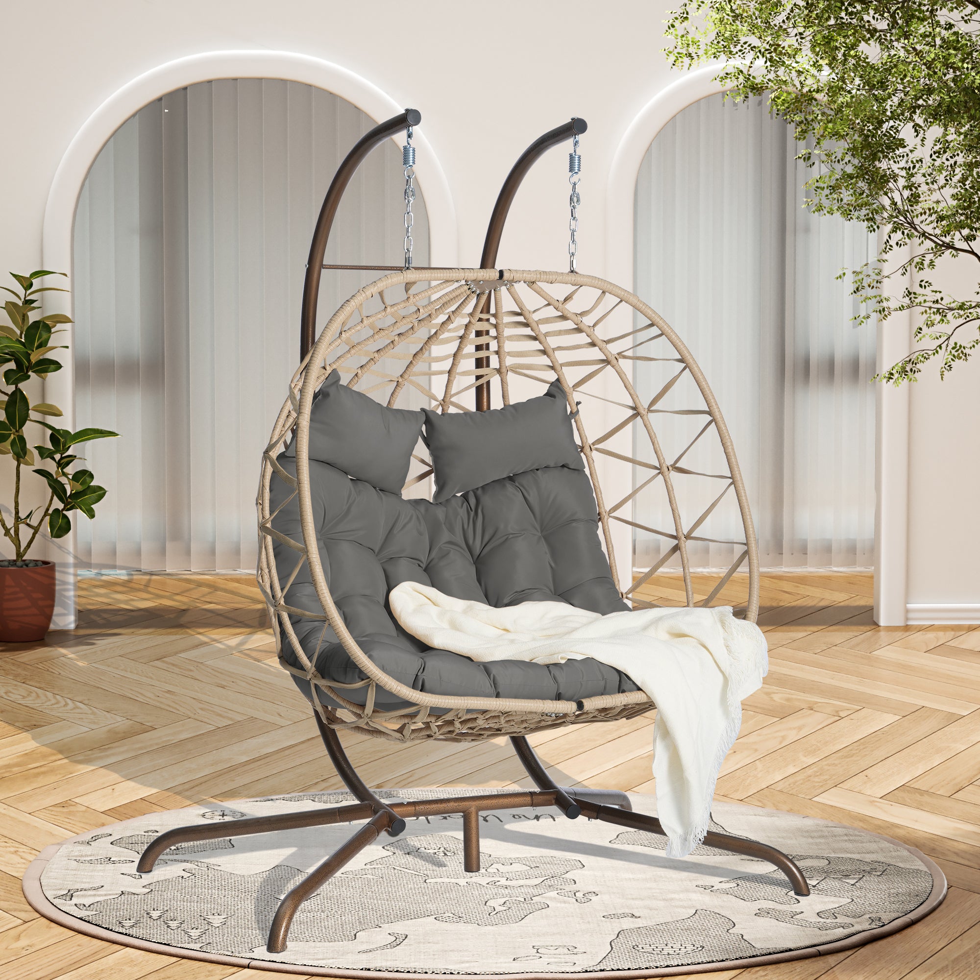 Double Egg Chair with Stand - Indoor/Outdoor Hanging Wicker Rattan Swing Chair with UV-Resistant Cushions (600 lbs Capacity) - Perfect for Bedroom, Balcony, Patio & Garden Relaxation