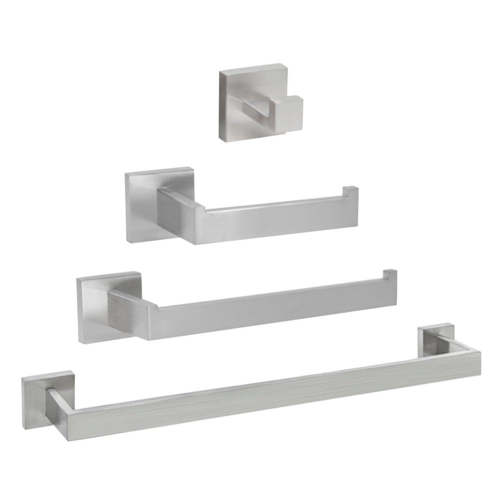 4-Piece Bathroom Hardware Set - 16 Inch Towel Bar, Toilet Paper Holder, Hand Towel Rack & Hook in Brushed Nickel Finish | Modern Bathroom Accessories for Home & Hotel Decor