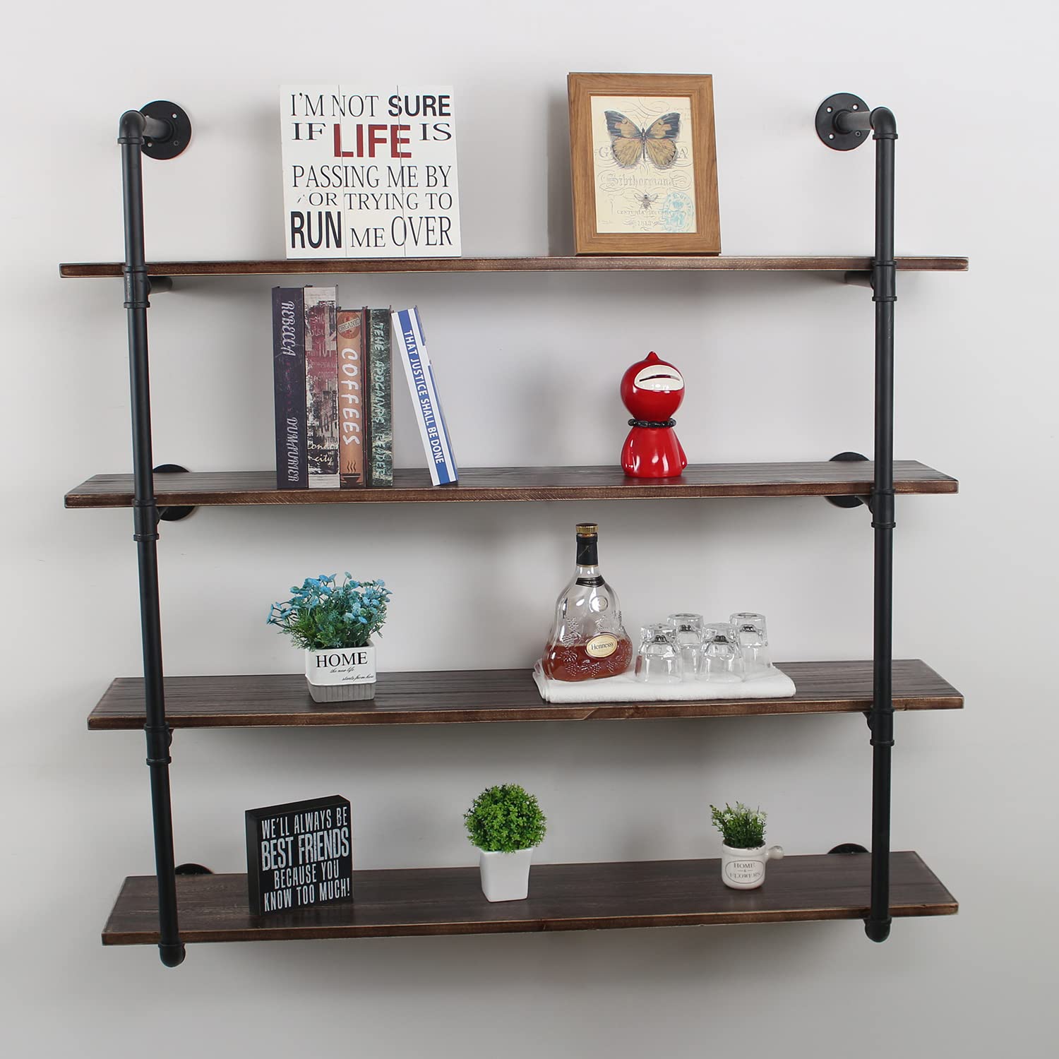 Industrial Retro Pipe Shelf 44in - 4 Tier Wall Mounted Rustic Floating Shelves for Farmhouse Kitchen, Bar & Home Decor | Black Metal Bookcase & DIY Hanging Wall Shelves for Living Room, Bedroom & Office Organization