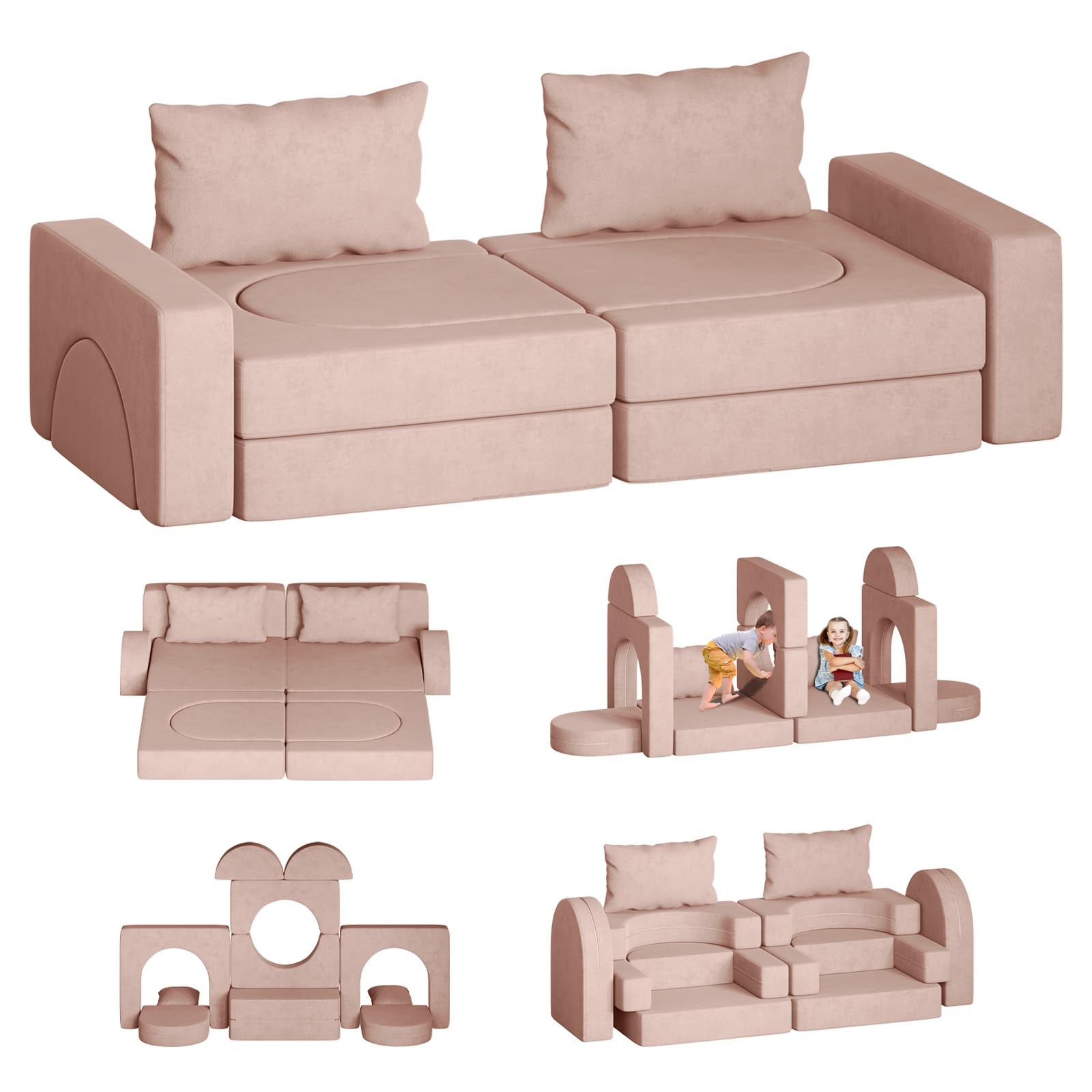 Linor Toddler Couch - 12-Piece Kids Sofa Set with 2 Pillows & Play Tunnel | Foldable Foam Couch for Playroom, Bedroom & Nursery | Creative Play Furniture for Toddlers & Babies (Pink) - Perfect for Pretend Play, Reading Nook & Nap Time