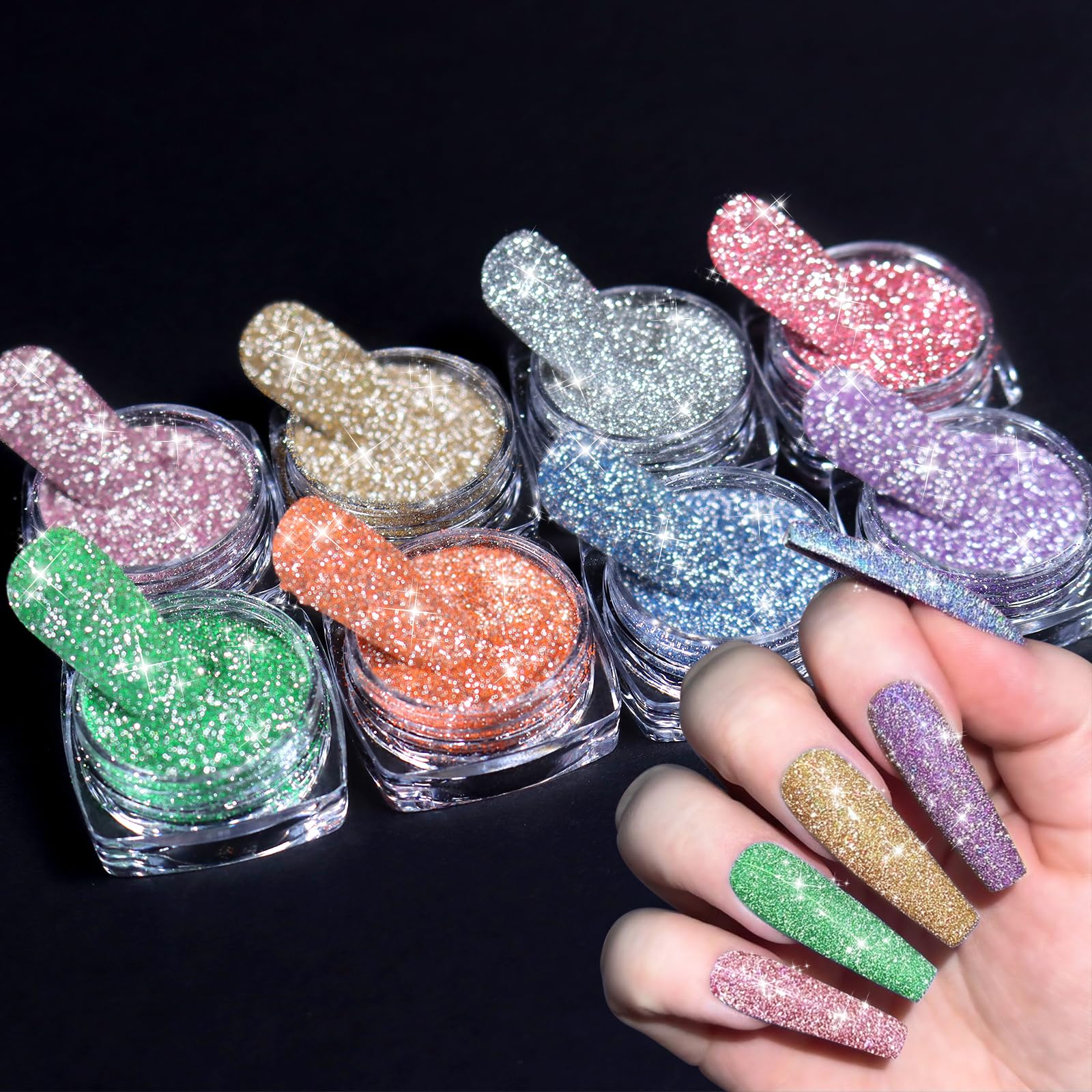 SIUSIO 8 Colors Diamond Nail Glitter Set - Reflective Glitter Dust & Shiny Sugar Nail Powder for Gel Polish Nail Art - Perfect for Disco Party, Nightclub, Wedding & DIY Nail Crafts