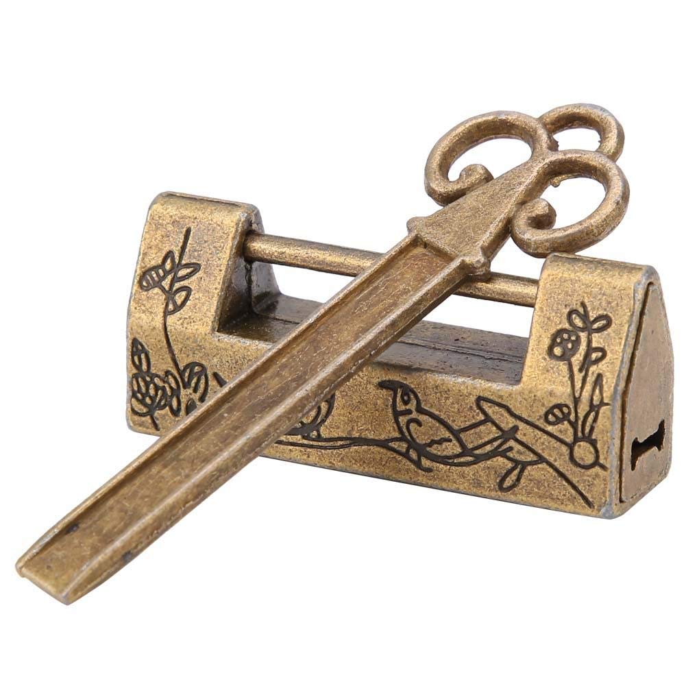 Vintage Chinese Carved Flower Bird Padlock & Key - Antique Bronze Jewelry Box & Drawer Lock - Decorative Retro Home Decor for Cabinets, Chests & Vintage Style Interiors