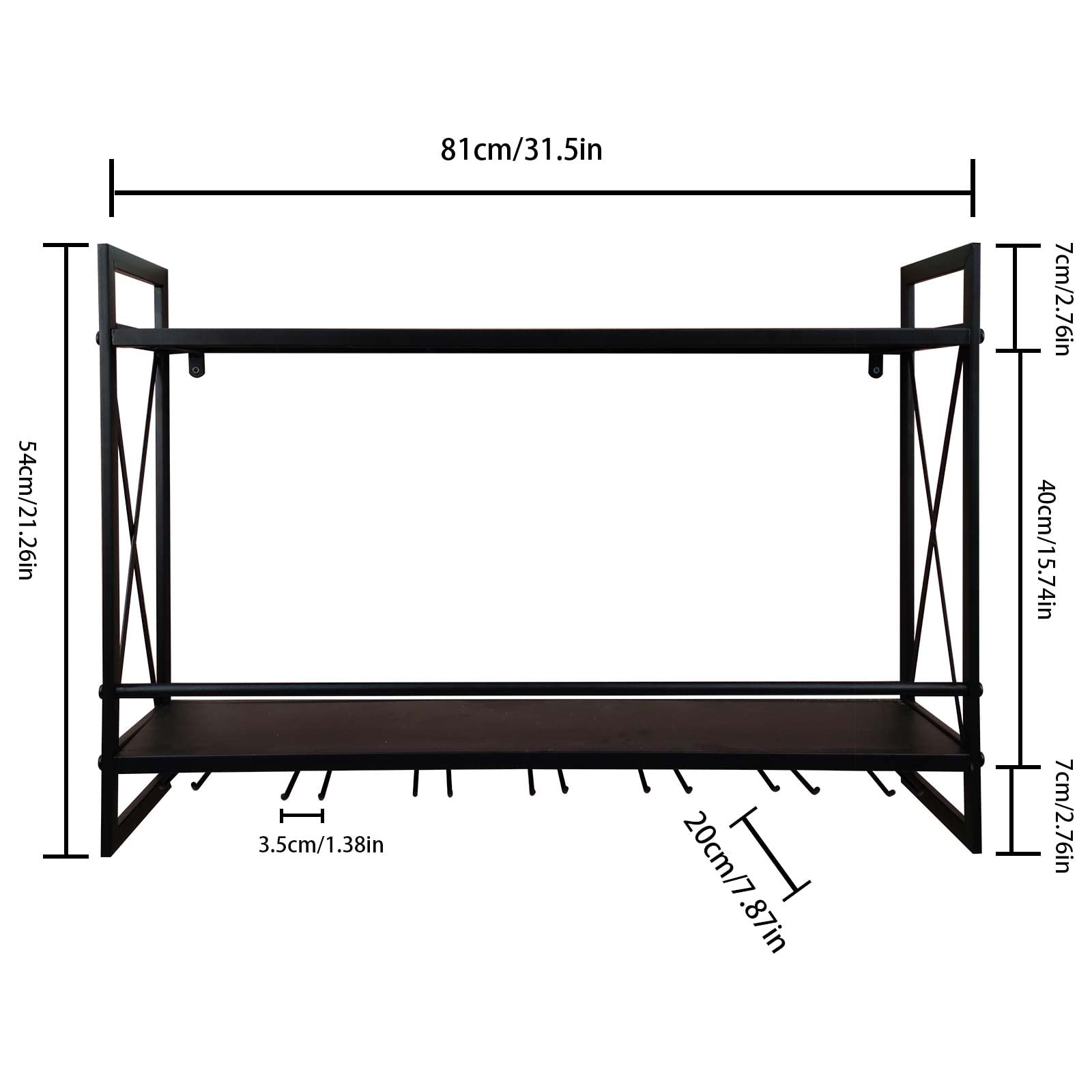 Industrial Wall Mounted Wine Rack with Glass Holder - 31.5 Inch Rustic Metal 2-Tier Shelving for Wine Bottles & Glasses | Perfect for Kitchen, Bar, Restaurant & Home Decor
