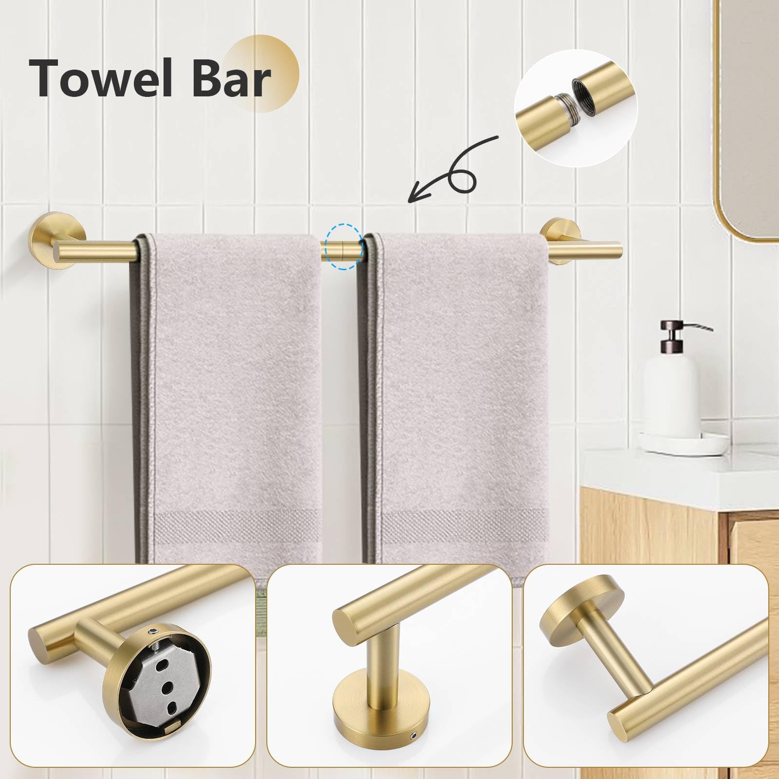 10-Piece Brushed Gold Bathroom Towel Bar Set - 23.6in Towel Bar, Toilet Paper Holder, Towel Rings & Hooks - Stainless Steel Wall-Mounted Bathroom Hardware for Modern Homes, Apartments & Luxury Hotels