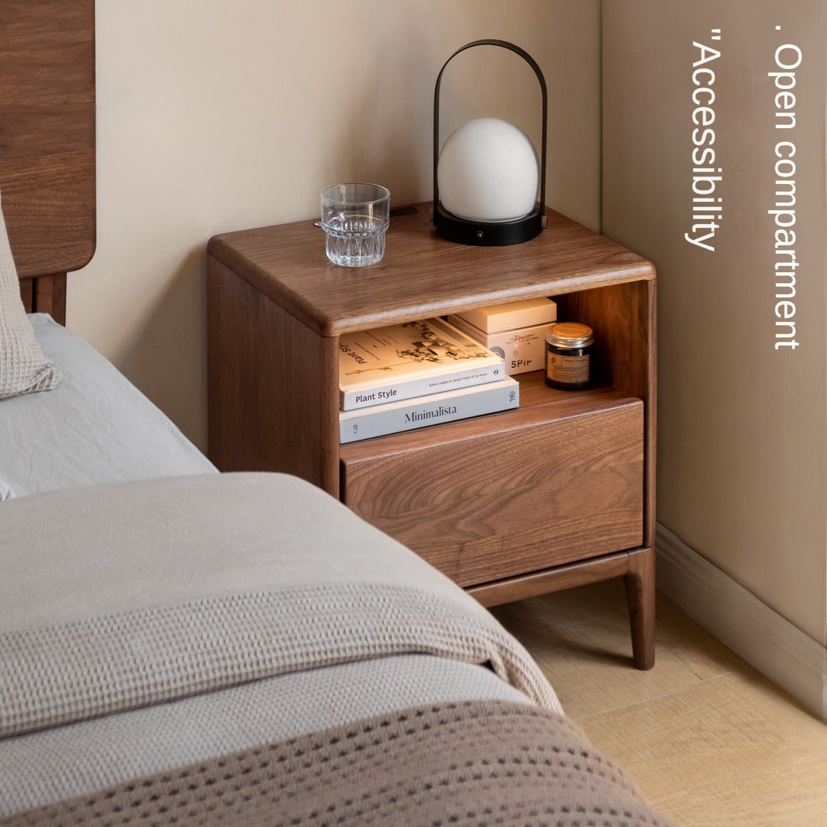 Premium Black Walnut & Ash Solid Wood Nightstand with Built-in Light - Modern Bedside Table for Bedroom Decor & Small Space Storage