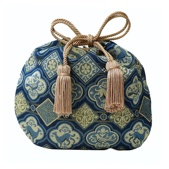 Nishijin Ori Small Drawstring Pouch - Sacred Medallion Dog Design in Navy Blue | Handmade in Kyoto Japan | Traditional Japanese Craft Purse for Coins, Jewelry & Gifts