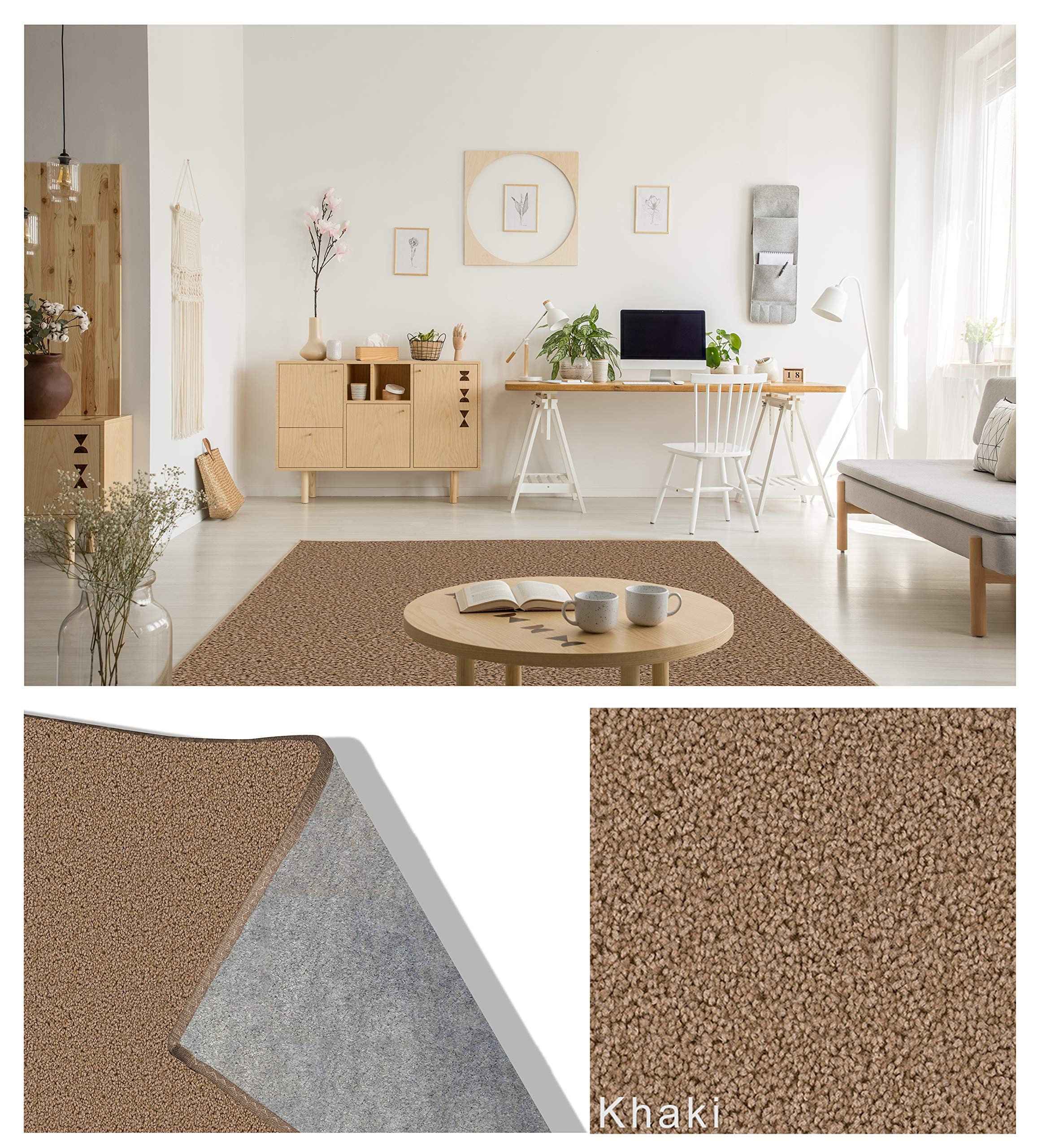 Soft and Cozy Non-Slip Area Rug with Latex-Free Felt Backing - Green Label Plus Certified - Khaki 1825 (3' x 5') - Perfect for Living Room, Bedroom, and Nursery
