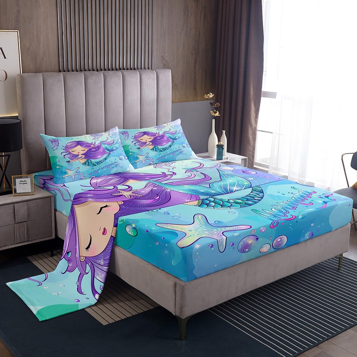 Erosebridal Queen Size Mermaid Bed Sheet Set - 4 Piece Ocean Themed Tie Dye Sheets with Starfish & Jellyfish Print, Includes Fitted Sheet, Flat Sheet & 2 Pillowcases (Blue Purple) - Perfect for Kids Rooms, Beach Themed Decor & Mermaid Lovers