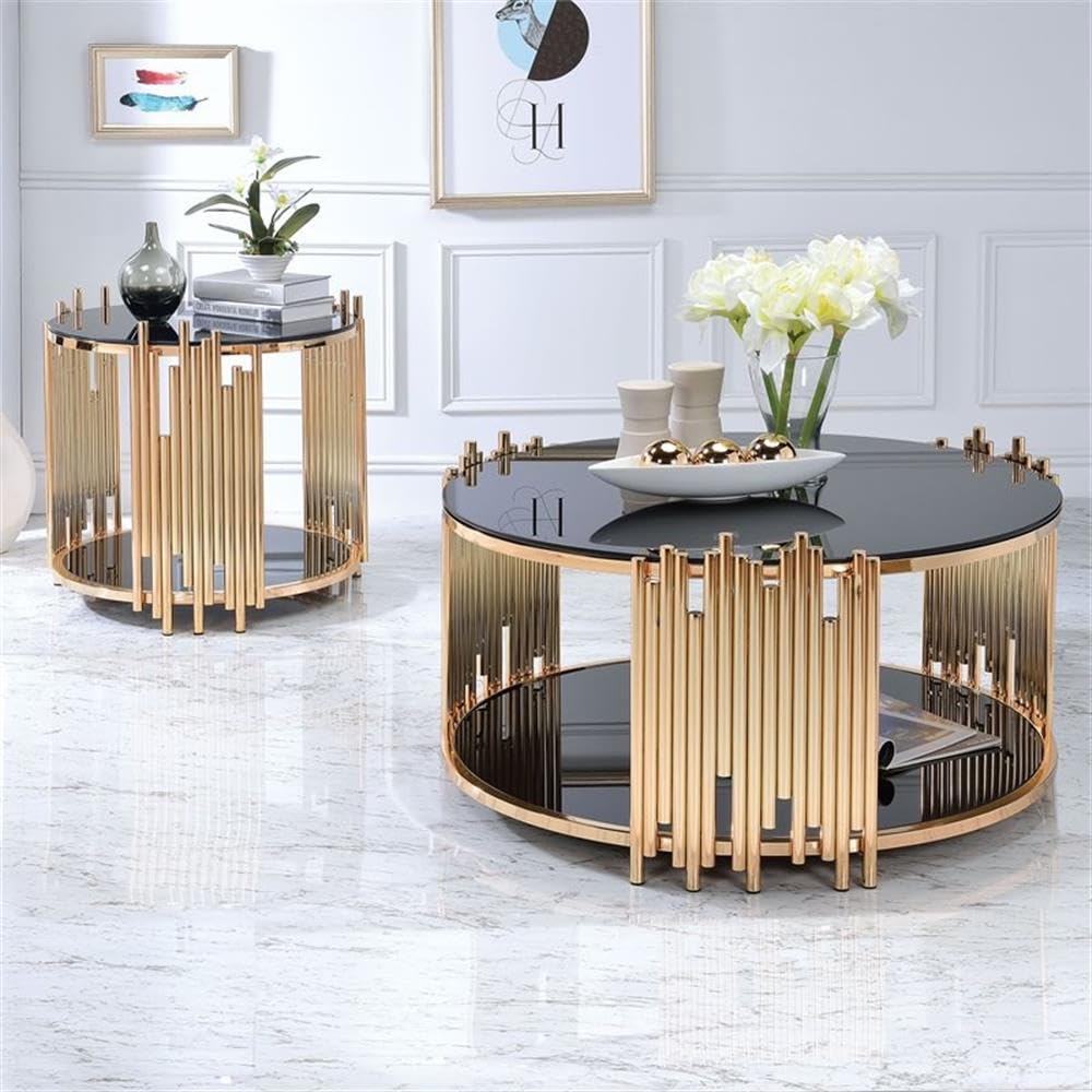 Acme Tanquin Round Glass Top End Table - Black Glass & Gold Accent - Perfect for Living Room, Bedroom, or Office Decor