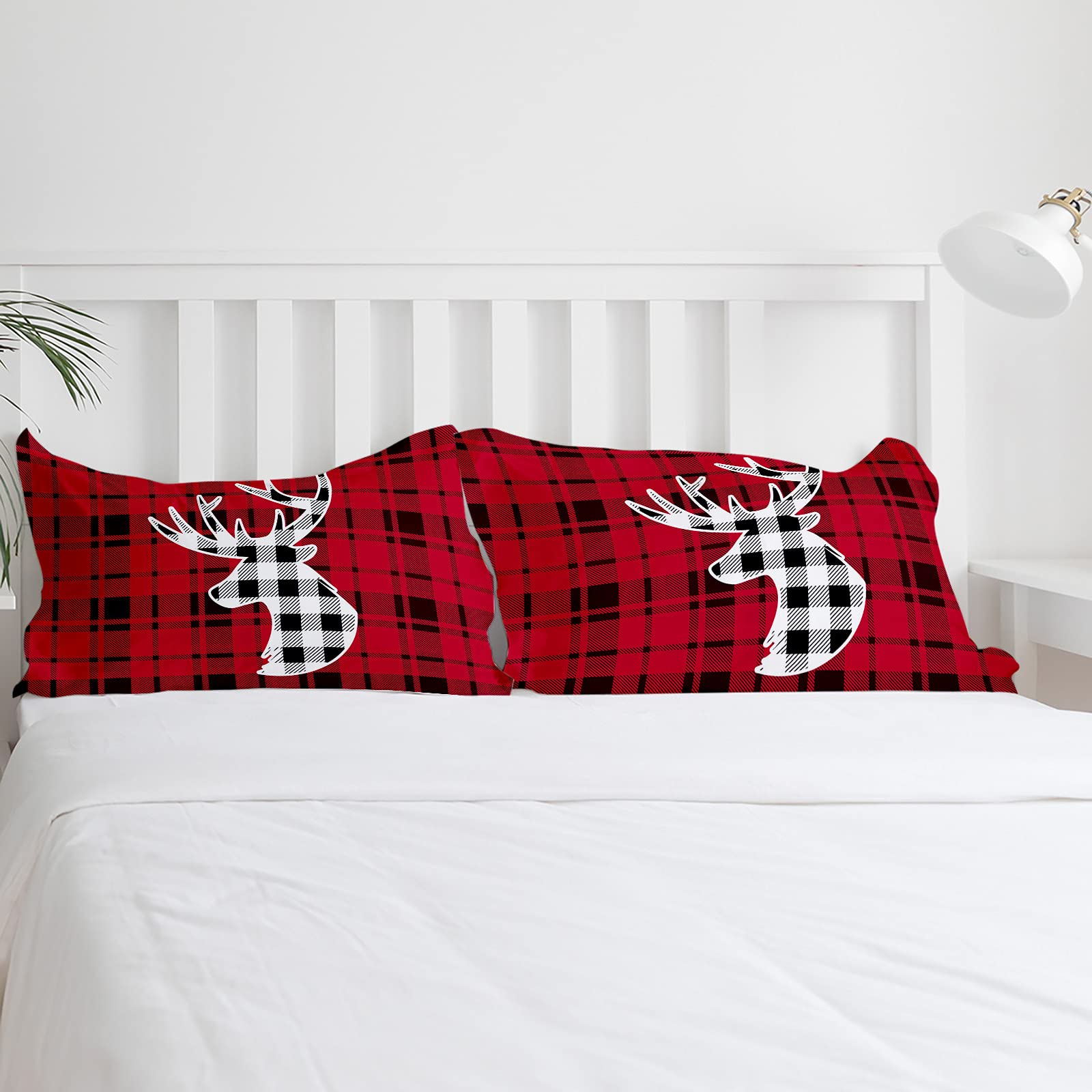 Christmas Elk Red and Black Lattice Queen Duvet Cover Set - Soft Bedding Set for Teens, Kids & Adults (1 Comforter Cover + 2 Pillowcases) - Cozy Holiday Home Decor for Winter Bedroom