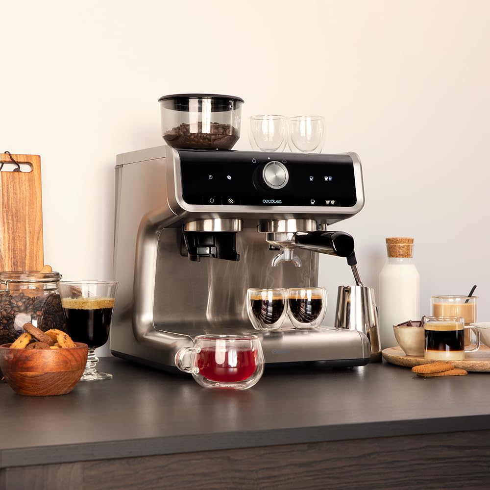 Cecotec Power Espresso 20 Bar Coffee Machine with Dual Spout, 1550W, 250g Bean Hopper, 30-Level Grinder, Thermoblock, 2.5L Water Tank - Black Stainless Steel | Perfect for Home Baristas & Espresso Lovers