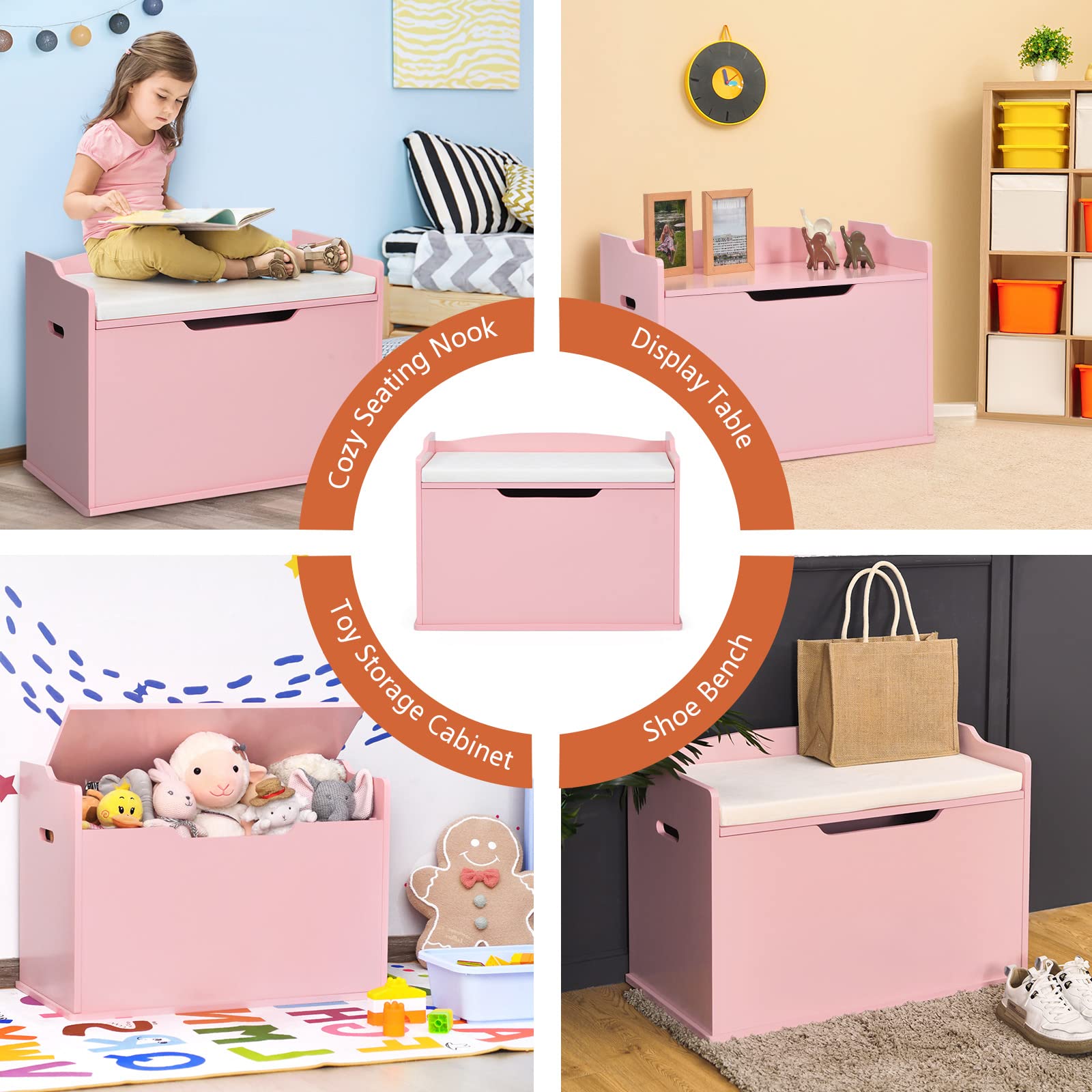 Costzon Kids Wooden Toy Storage Chest with Bench Seat - Safe Finger-Pinch Prevention Lift-Top Design, Multi-Functional Toy Box Organizer for Bedroom, Playroom & Nursery - Pink (Perfect for Toy Storage, Kids Room Decor & Entryway Seating)