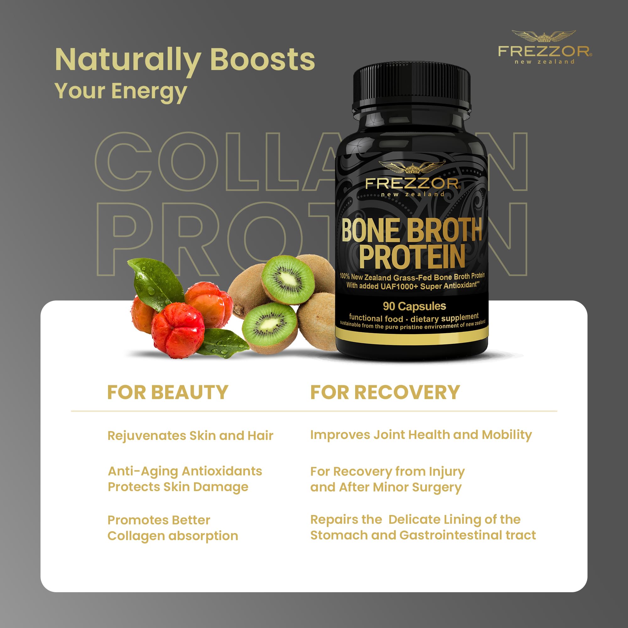 FREZZOR Grass-Fed Bone Broth Protein Capsules from New Zealand - 540 Capsules (6 Pack) for Joint Support, Skin & Hair Health with Collagen & Amino Acids | Anti-Aging Supplement & Natural Pain Relief | Perfect for Fitness Recovery & Daily Wellness Routine