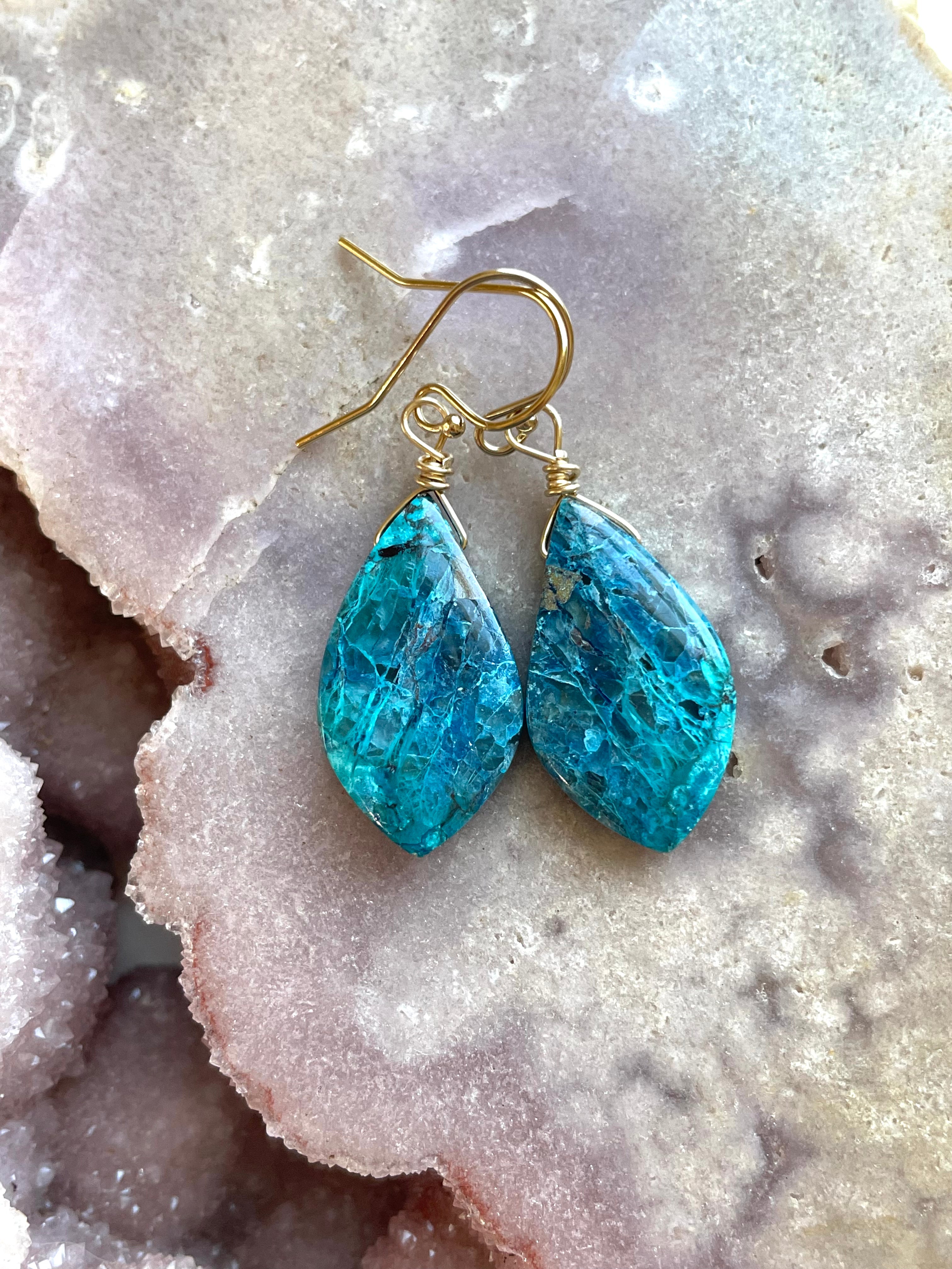 Shattuckite Earrings - 14K Gold Filled Gemstone Jewelry for Women | Healing Crystal Dangle Earrings for Meditation, Yoga & Spiritual Gifts