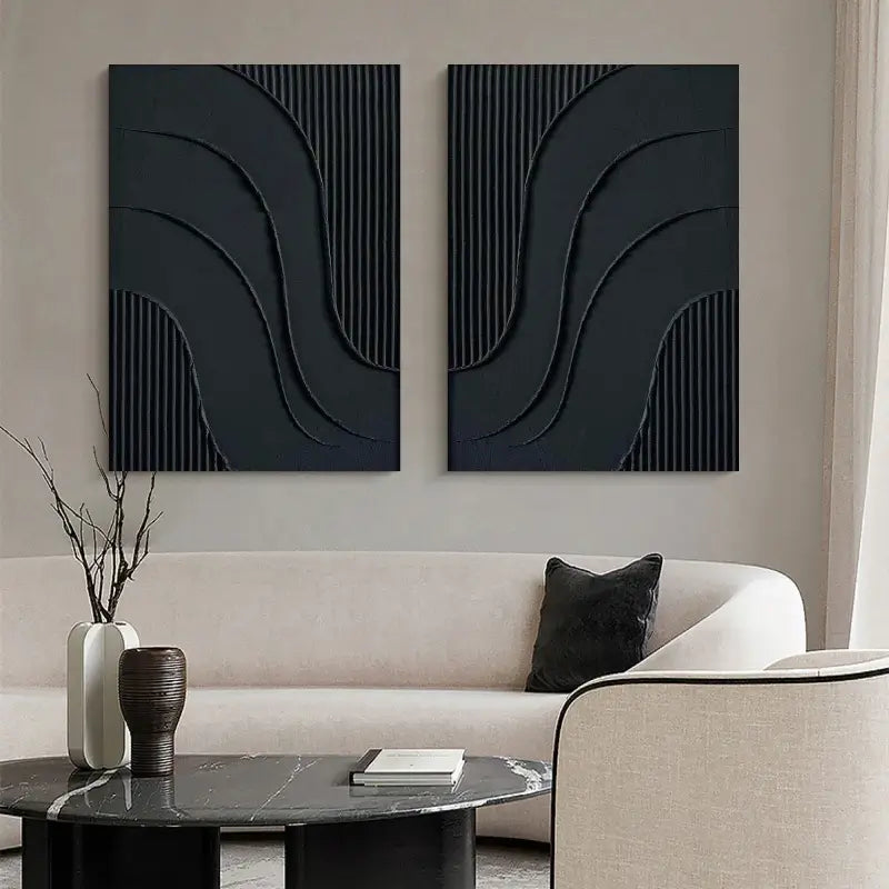 Modern Black Plaster Art Textured Paintings - Set of 2 Minimalist Wall Decor for Living Room, Bedroom & Office | Abstract Home Artwork #MZ027