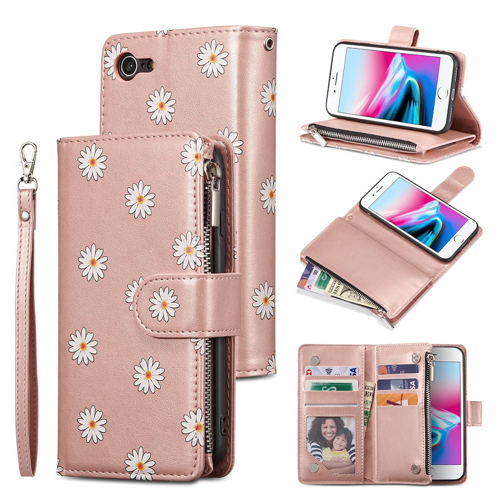 Premium PU Leather Magnetic Wallet Case for iPhone SE 2022 5G/iPhone 7/iPhone 8/iPhone SE 2020/SE3/SE2 - Handbag Zipper Cover with Kickstand & Card Slots (Daisy Rosegold) | Perfect for Daily Commute, Shopping & Travel