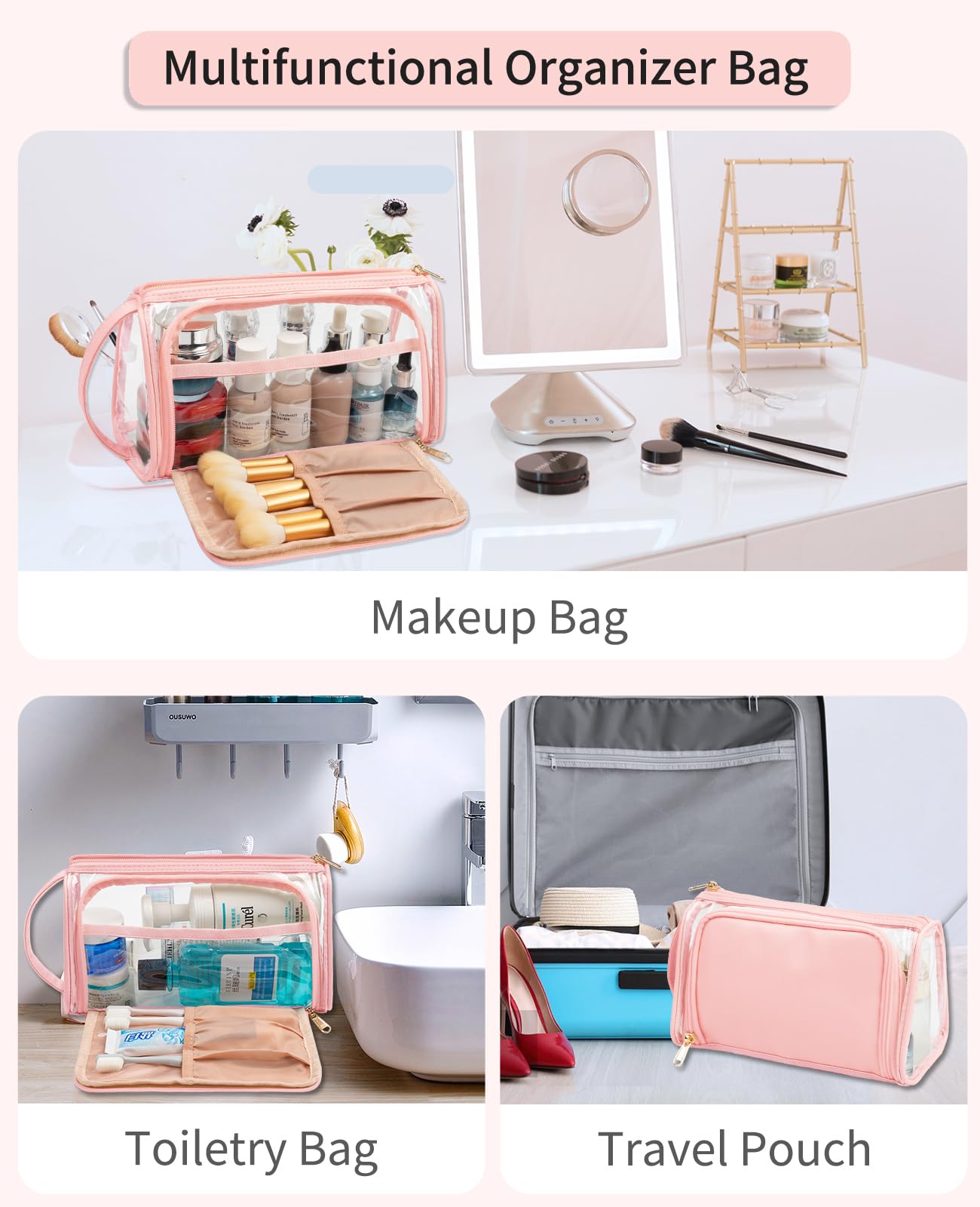 Clear Makeup Bag with Brush Compartment - Water-resistant Toiletry Organizer for Travel & Daily Use