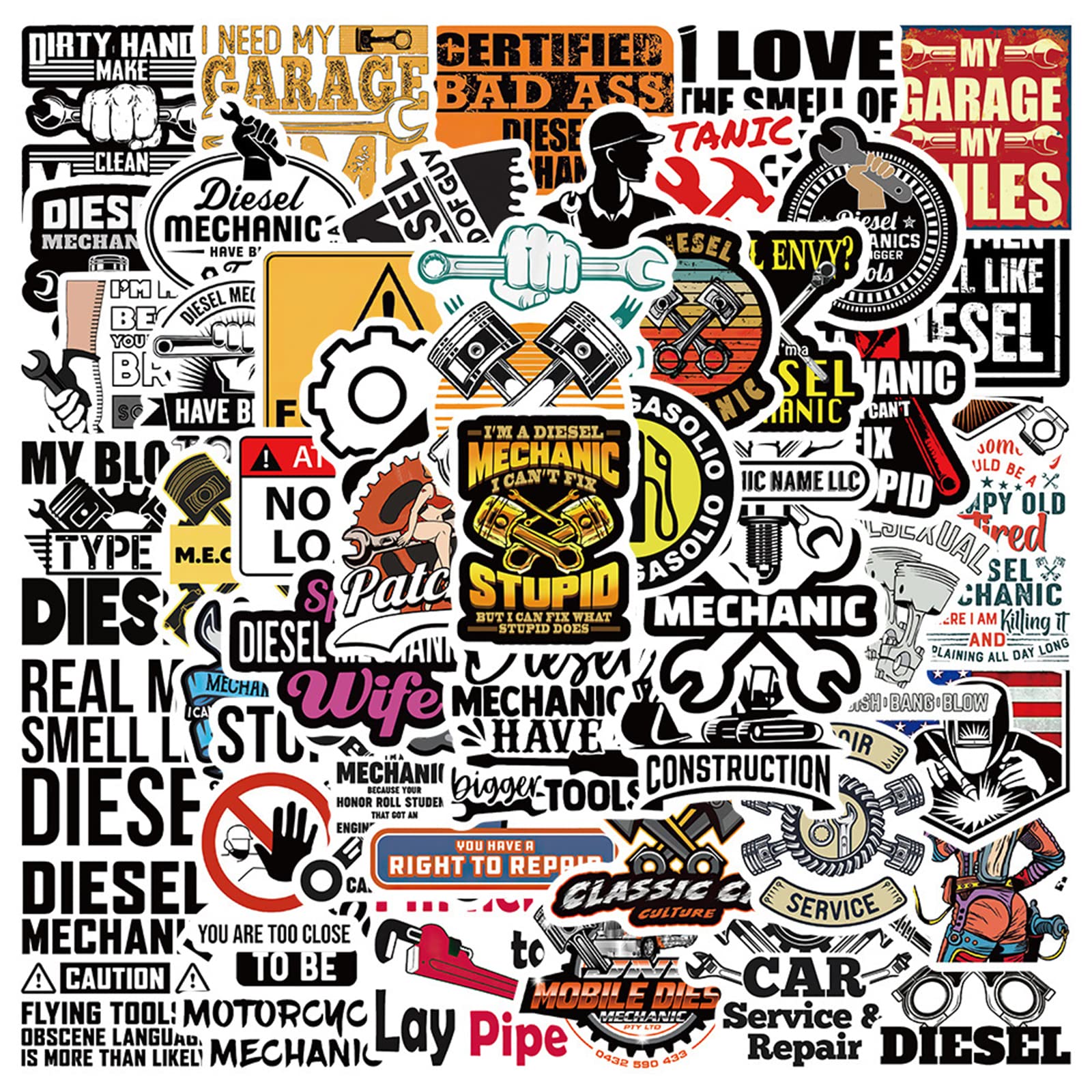 50PCS Diesel Mechanic Stickers - Waterproof Vinyl Decals for Toolbox, Helmet, Laptop, Water Bottle & Luggage - Perfect for Mechanics, Electricians & DIY Enthusiasts - Great for Workshop, Garage & Personalizing Tools