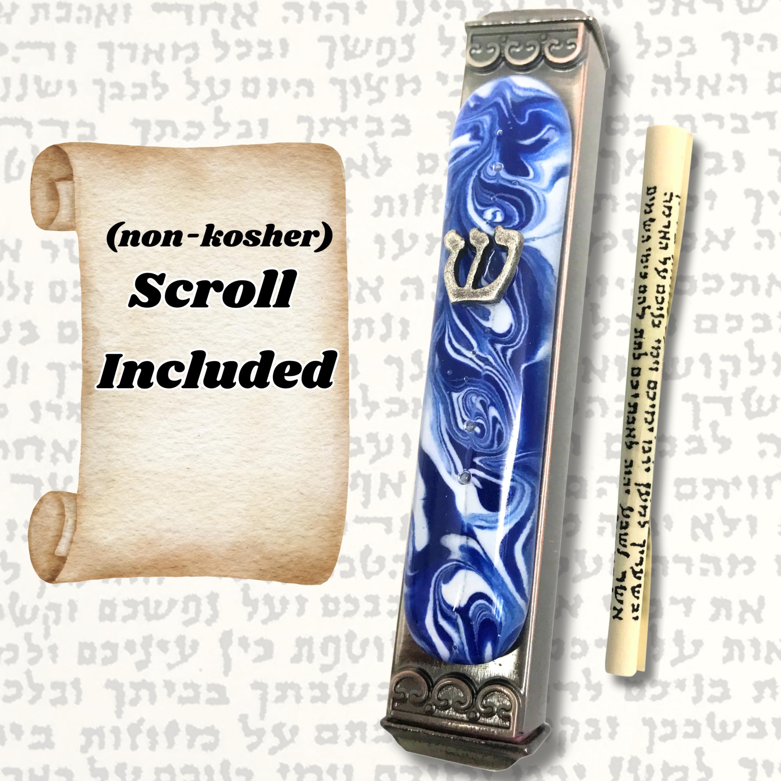 Handmade Tamara Baskin Art Glass Mezuzah - Marbled Blue White | Weatherproof Indoor/Outdoor Use | USA Made