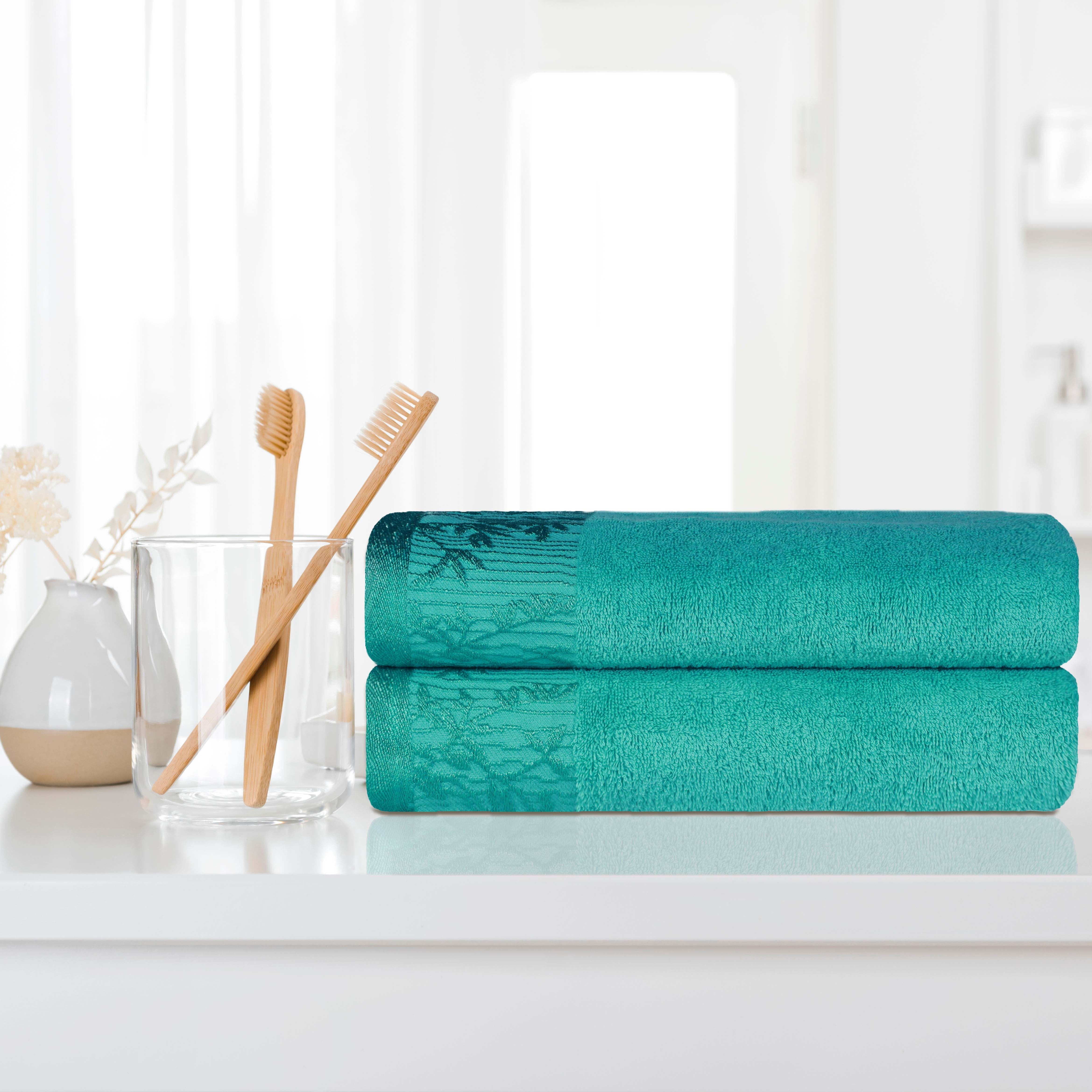 Premium Wisteria Cotton Floral Embroidered Jacquard Border Bath Towel Set of 2 - Soft Absorbent Luxury Towels for Spa, Bathroom & Guest Use