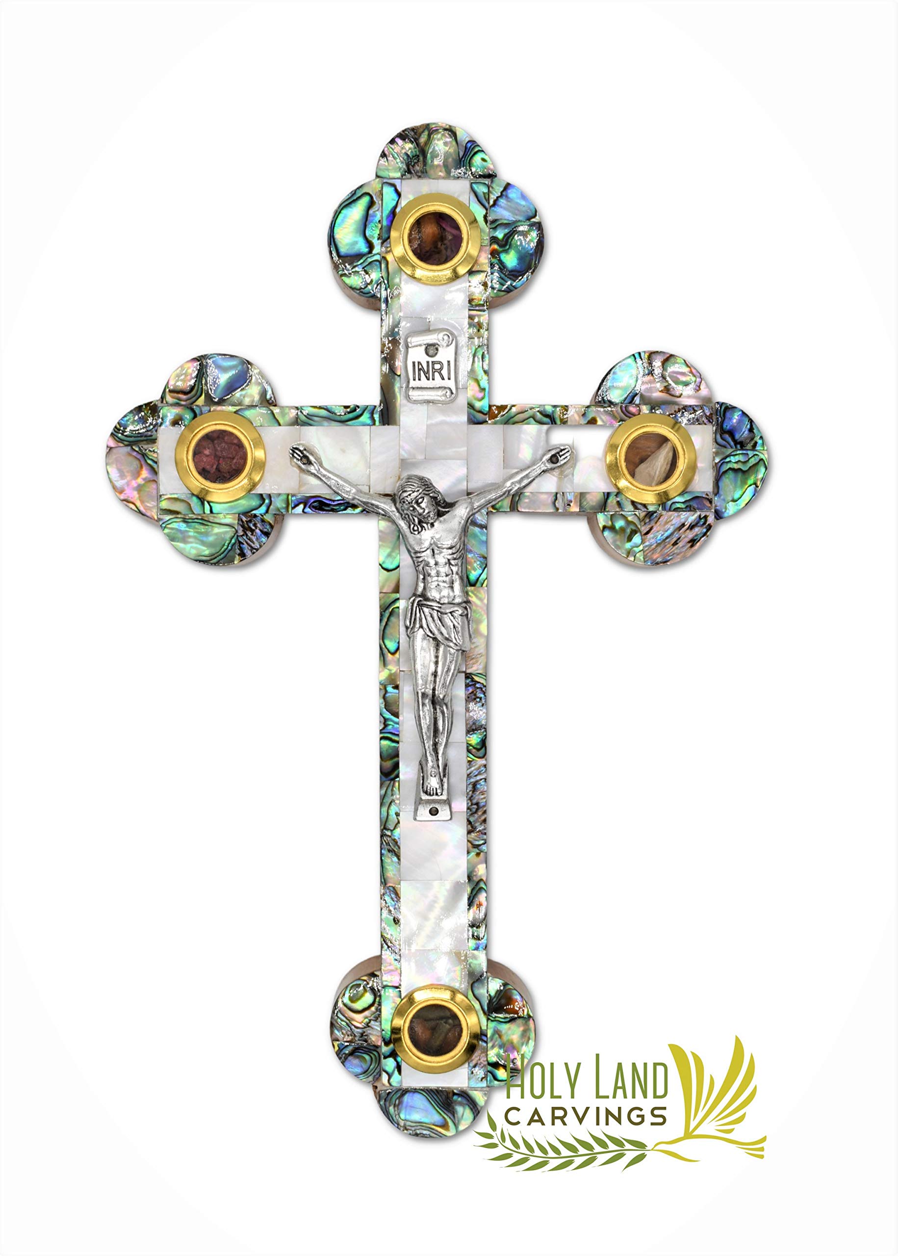 9 Inch Olive Wood Cross with Mother of Pearl Inlay - Handcrafted Holy Land Wall Decor for Christian Homes, Gifts & Church Display | Features 4 Holy Relics for Easter, Christmas & Spiritual Occasions