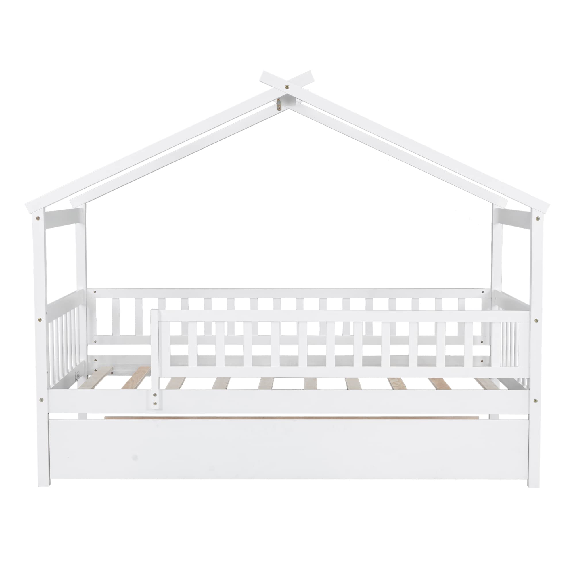 Harper & Bright Designs Twin Size Wooden House Bed with Trundle - Kids Bed Frame with Roof & Fence Design for Boys & Girls - Perfect for Bedrooms, Playrooms & Sleepovers (White)