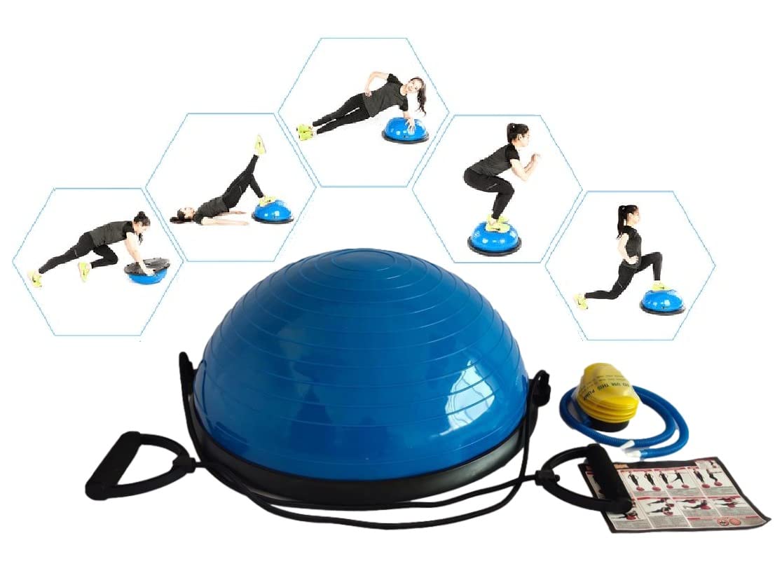 23 Inch Half Ball Balance Trainer with 2 Resistance Bands - Core Stability & Full Body Workout Equipment for Home Gym, Pilates & Yoga - Blue Fitness Ball for Men & Women | Perfect for Core Training, Balance Exercises & Strength Workouts