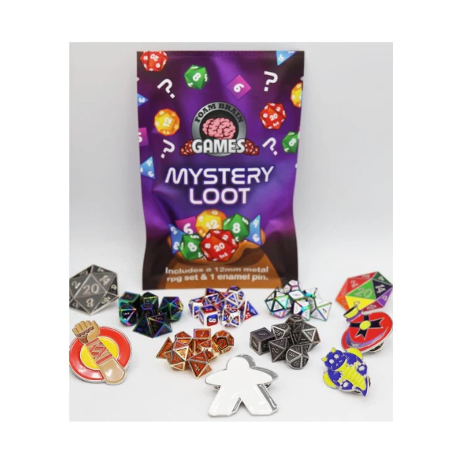 Foam Brain Games Mystery Loot - 7-Piece Mini Dice Set with Metal Pin for Tabletop RPG, D&D, and Collectors | Perfect for Gaming Nights and Gifts