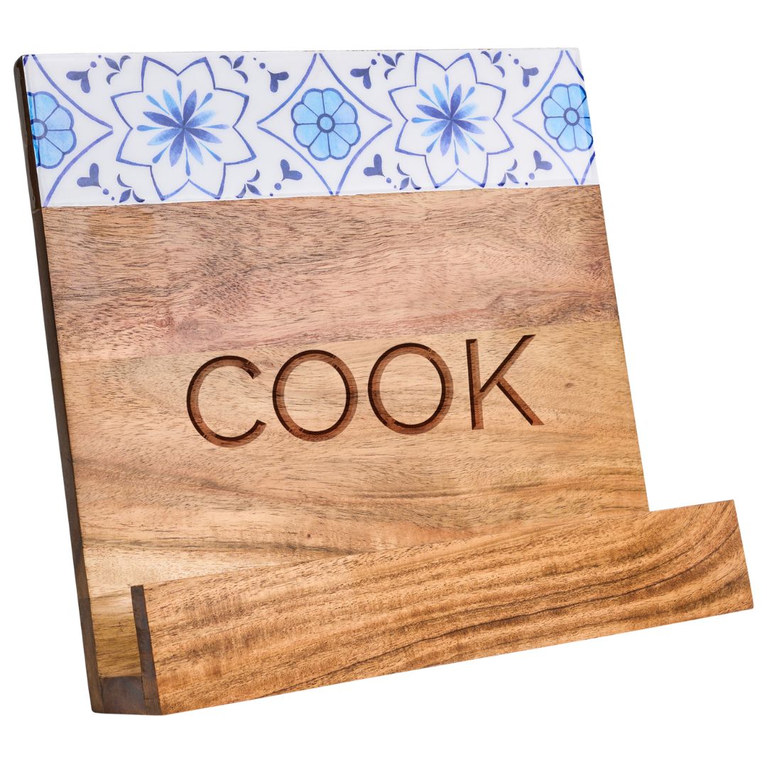 Acacia Wood Cookbook Stand with Capri Pattern Enamel - 11x11 Inches Kitchen Organizer for Baking, Cooking & Recipe Reading