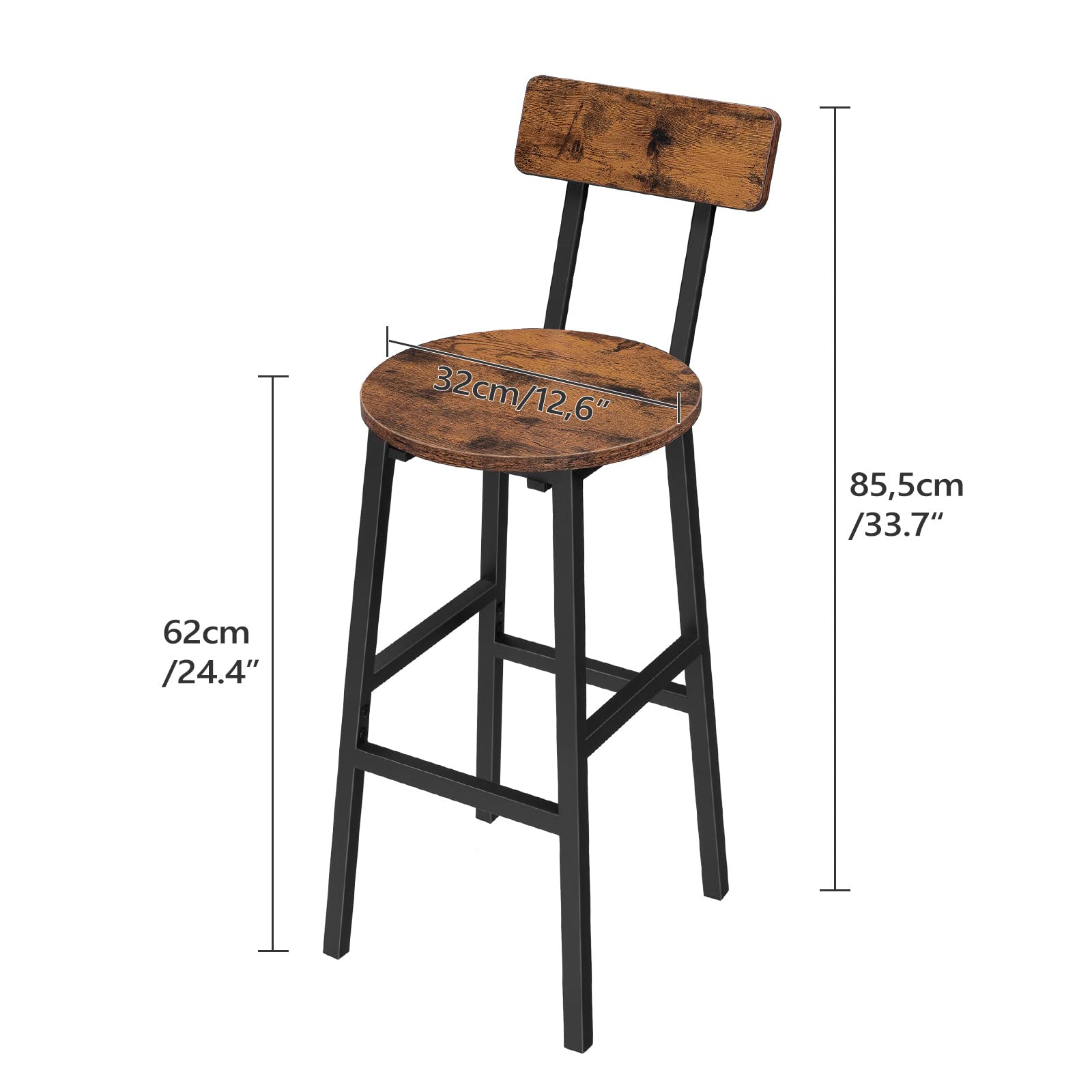 Set of 2 Rustic Brown Bar Stools with Back & Footrest - 24.4 Inch Round Counter Height Stools for Kitchen, Dining Room, Bar - Perfect for Breakfast Nooks, Home Bars & Kitchen Islands